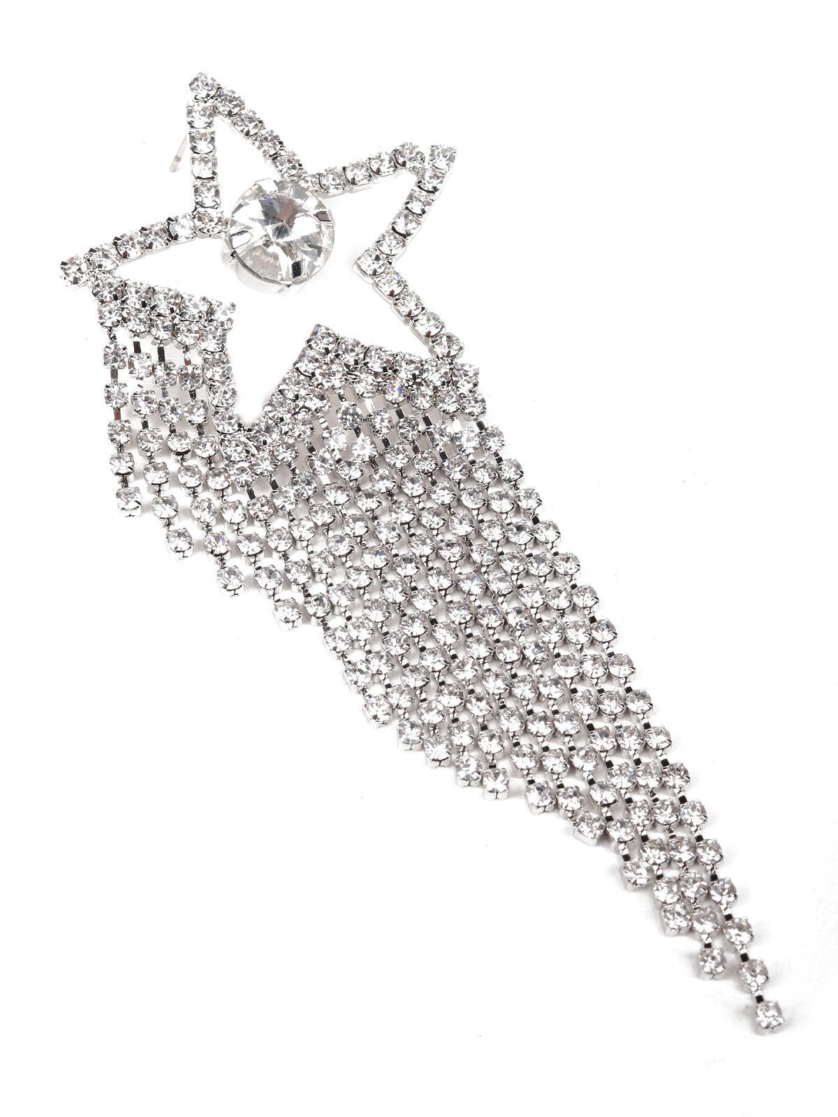 Women's Crystal Silver-Studded Star Tassel Drop Earrings - Odette