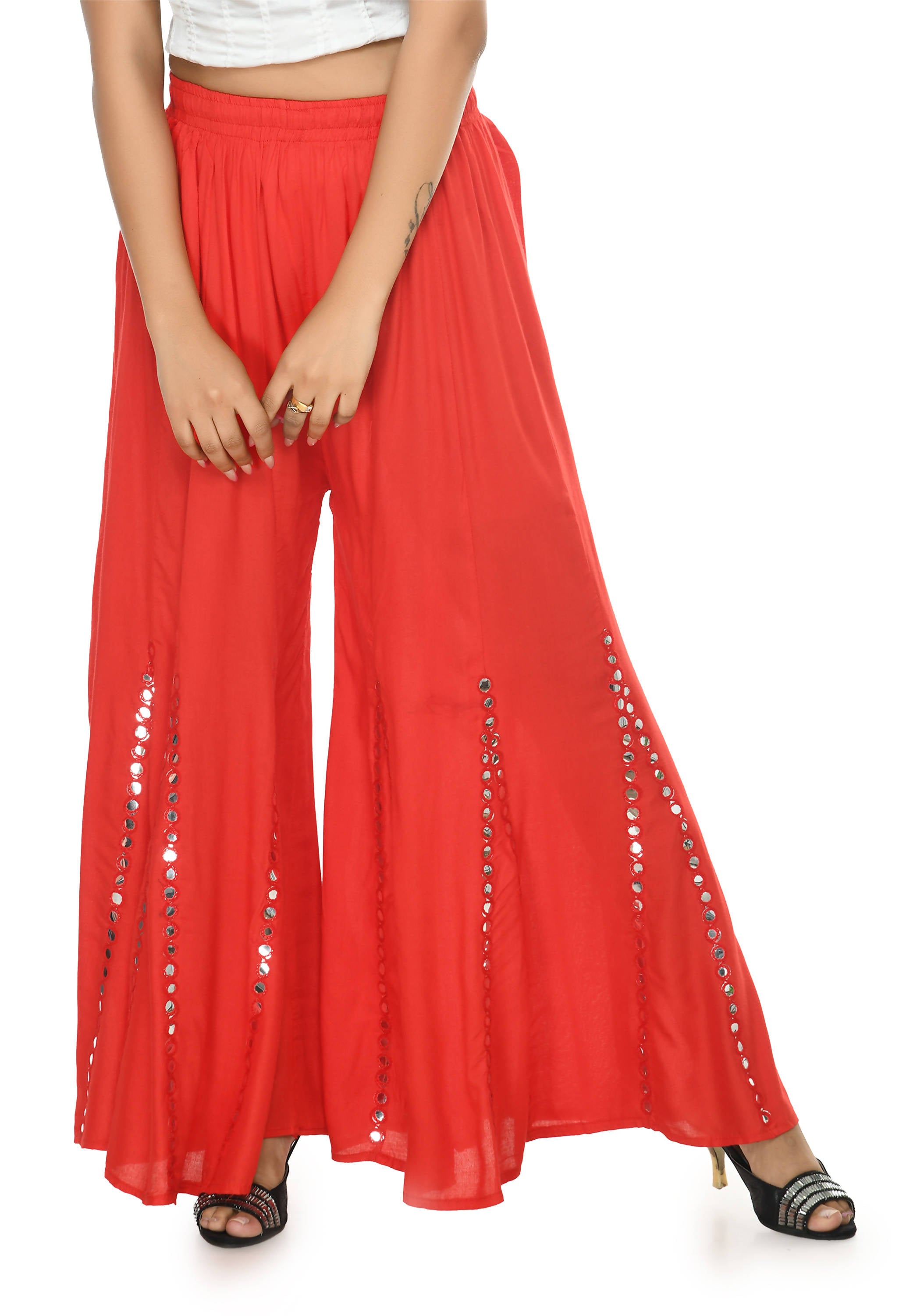 Women's Red Viscose Rayon Flared Palazzo With Mirror Lace Work Mfp032 - Moeza