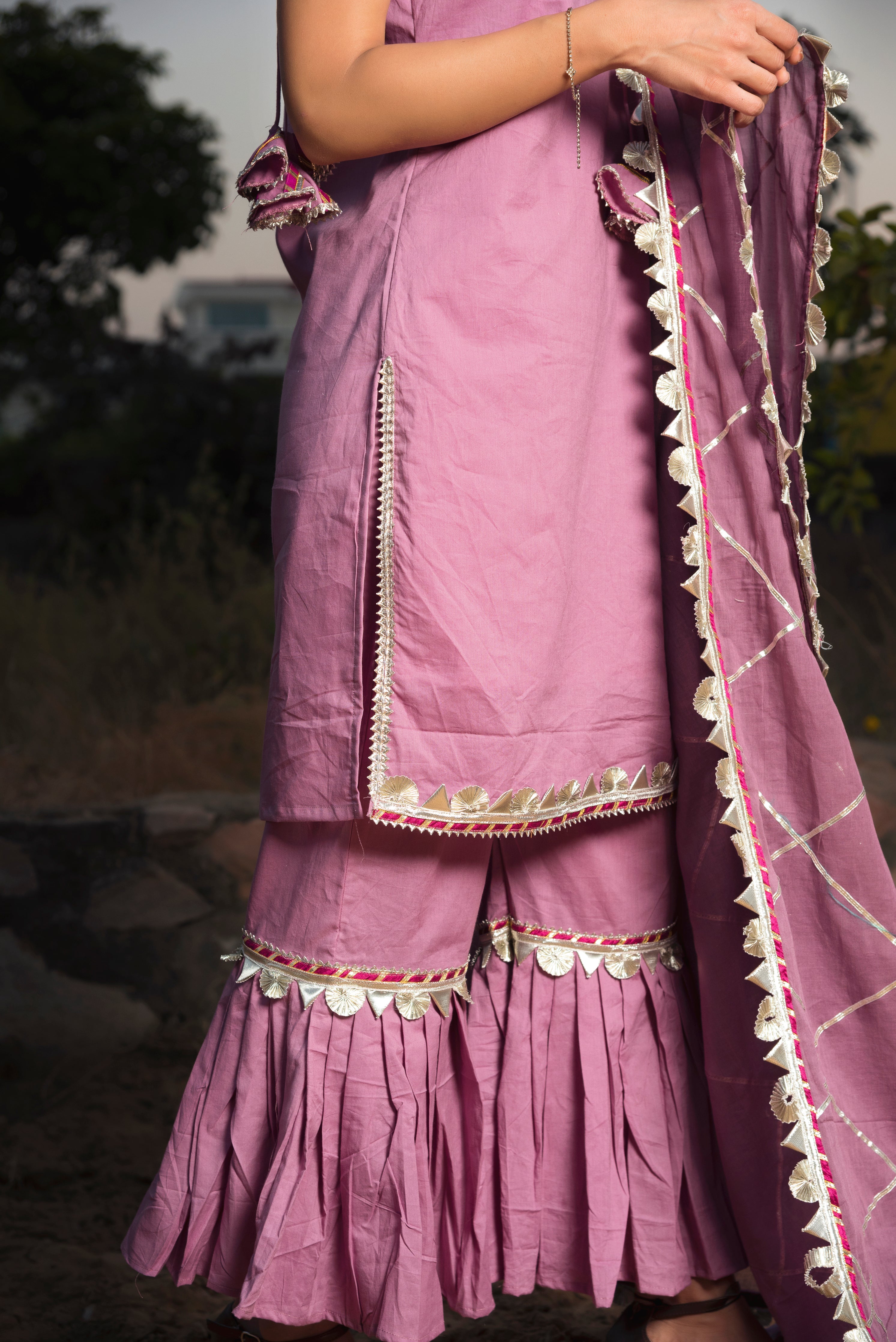 Women's Gotta Jaal Purple Cotton Sharara Set - Pomcha Jaipur