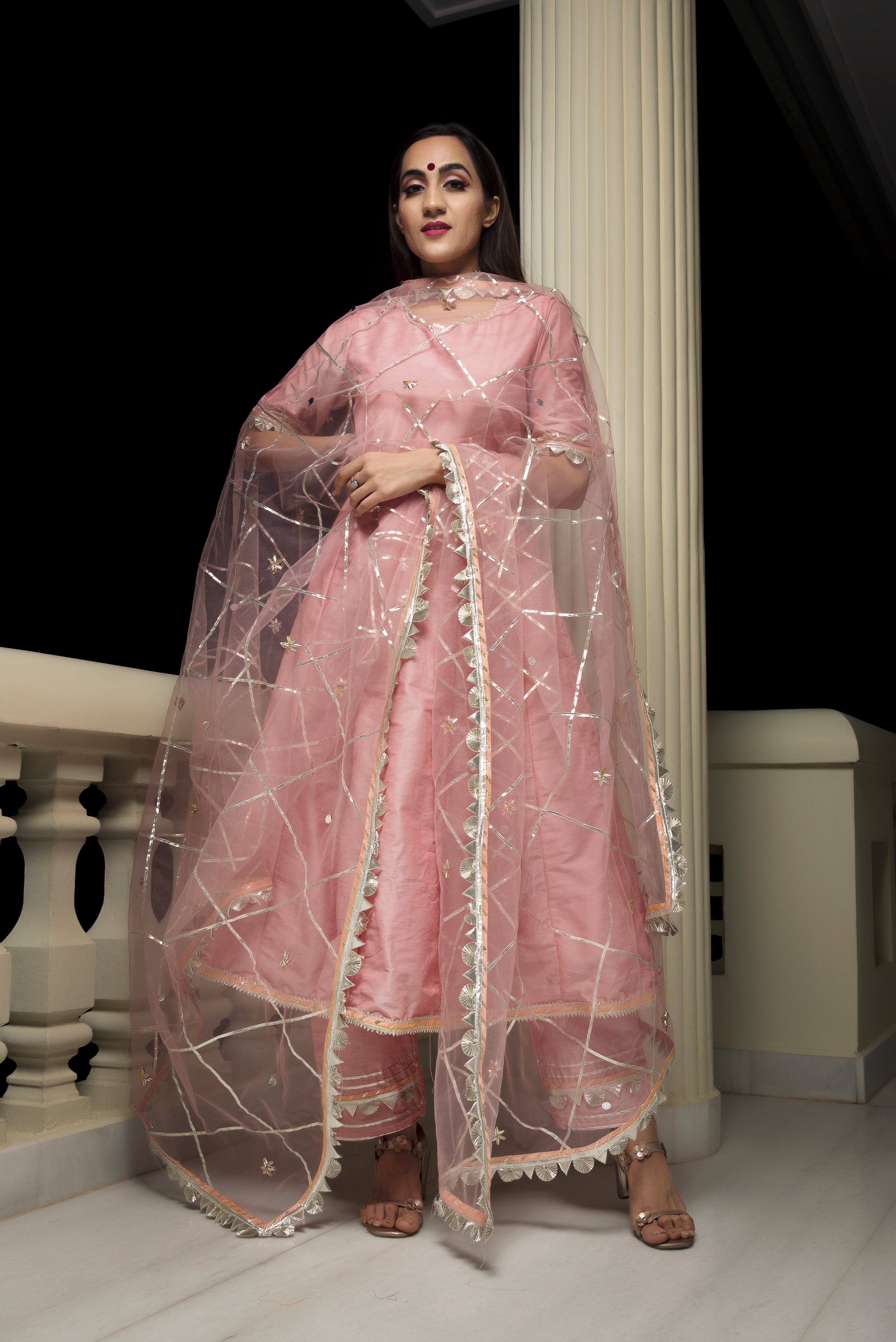 Women's Gotta Jaal Cotton Silk Peach Anarkali - Pomcha Jaipur