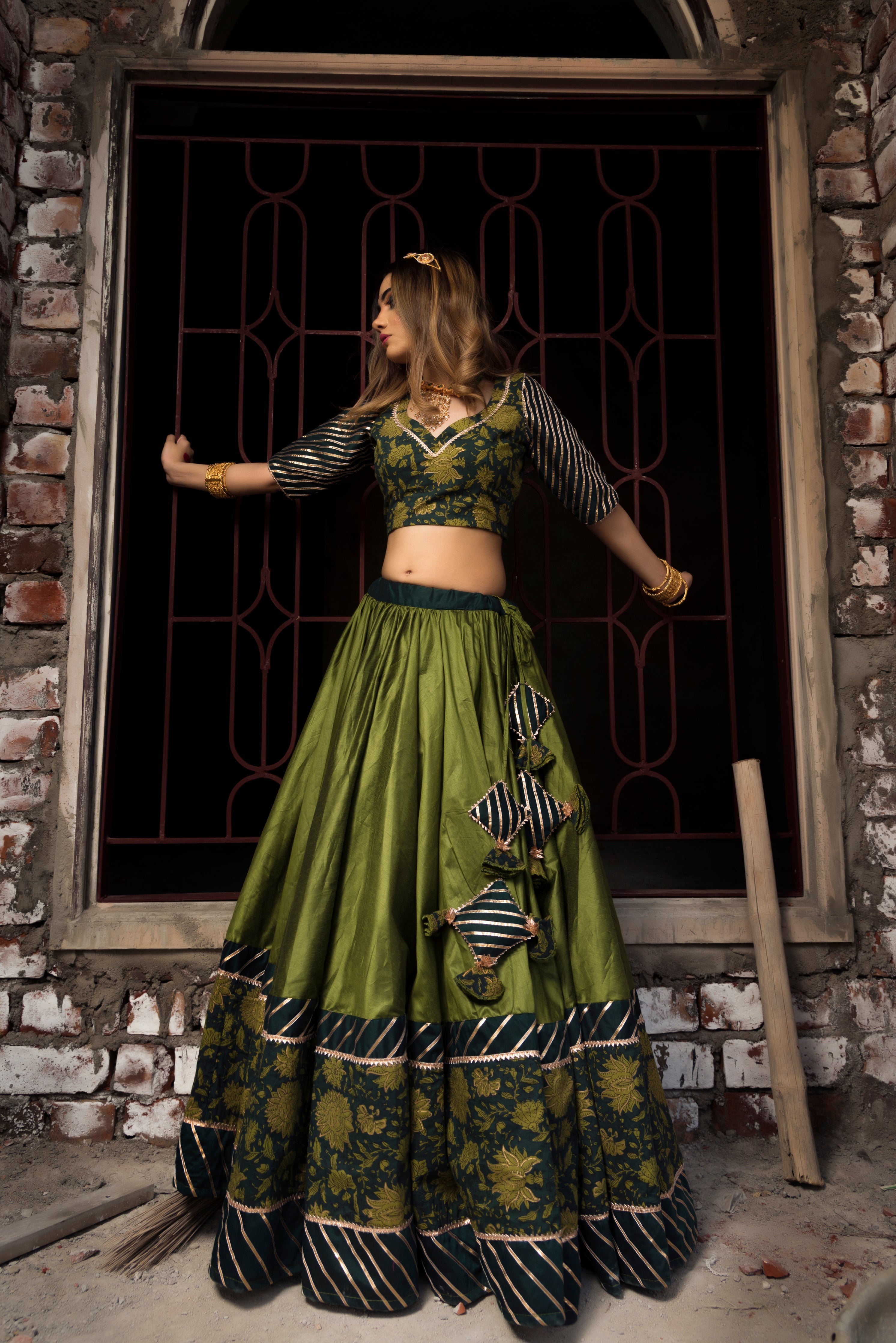 Women's idika green cotton silk lehenga set - Pomcha Jaipur