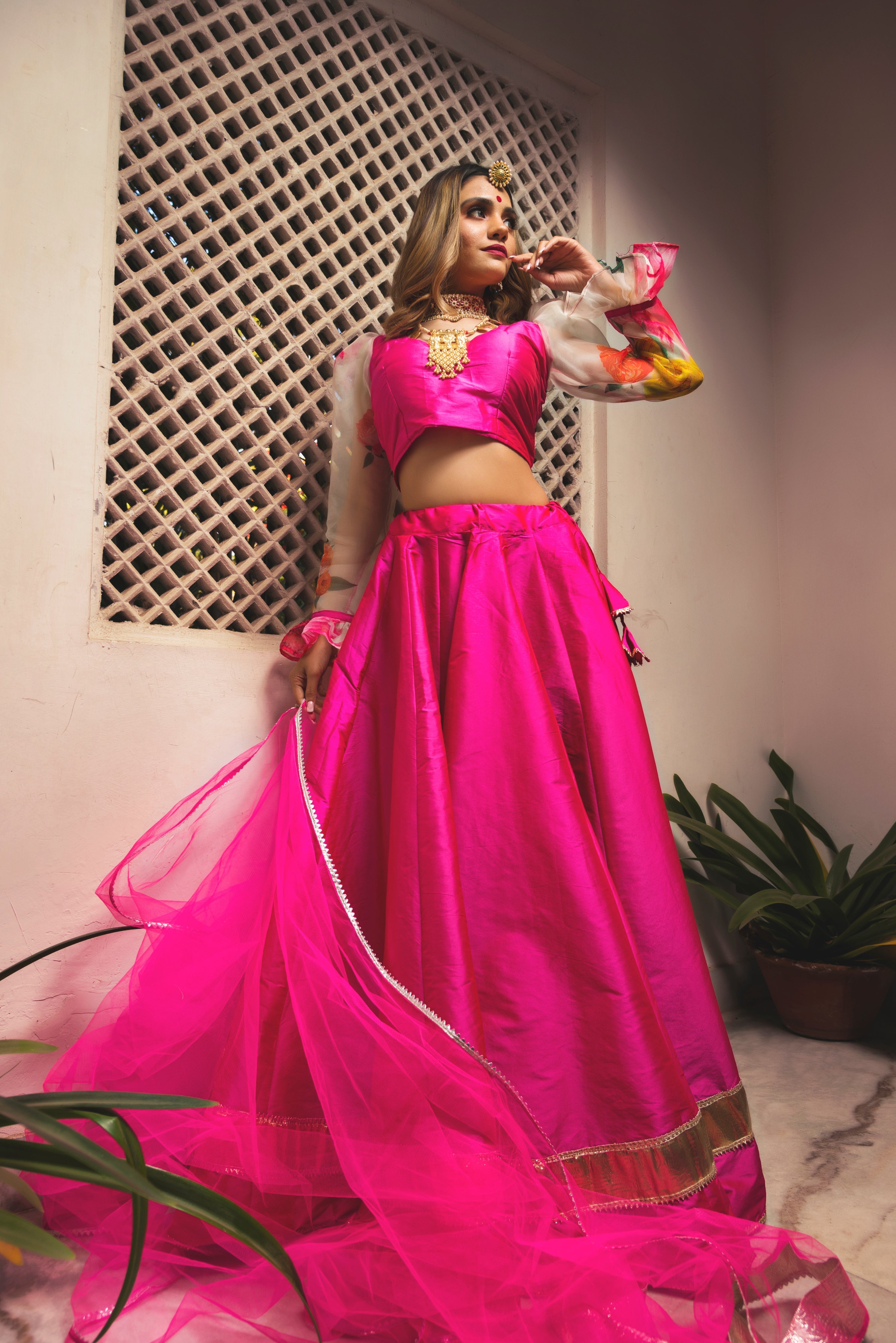 Women's hot pink taffeta lehenga - Pomcha Jaipur