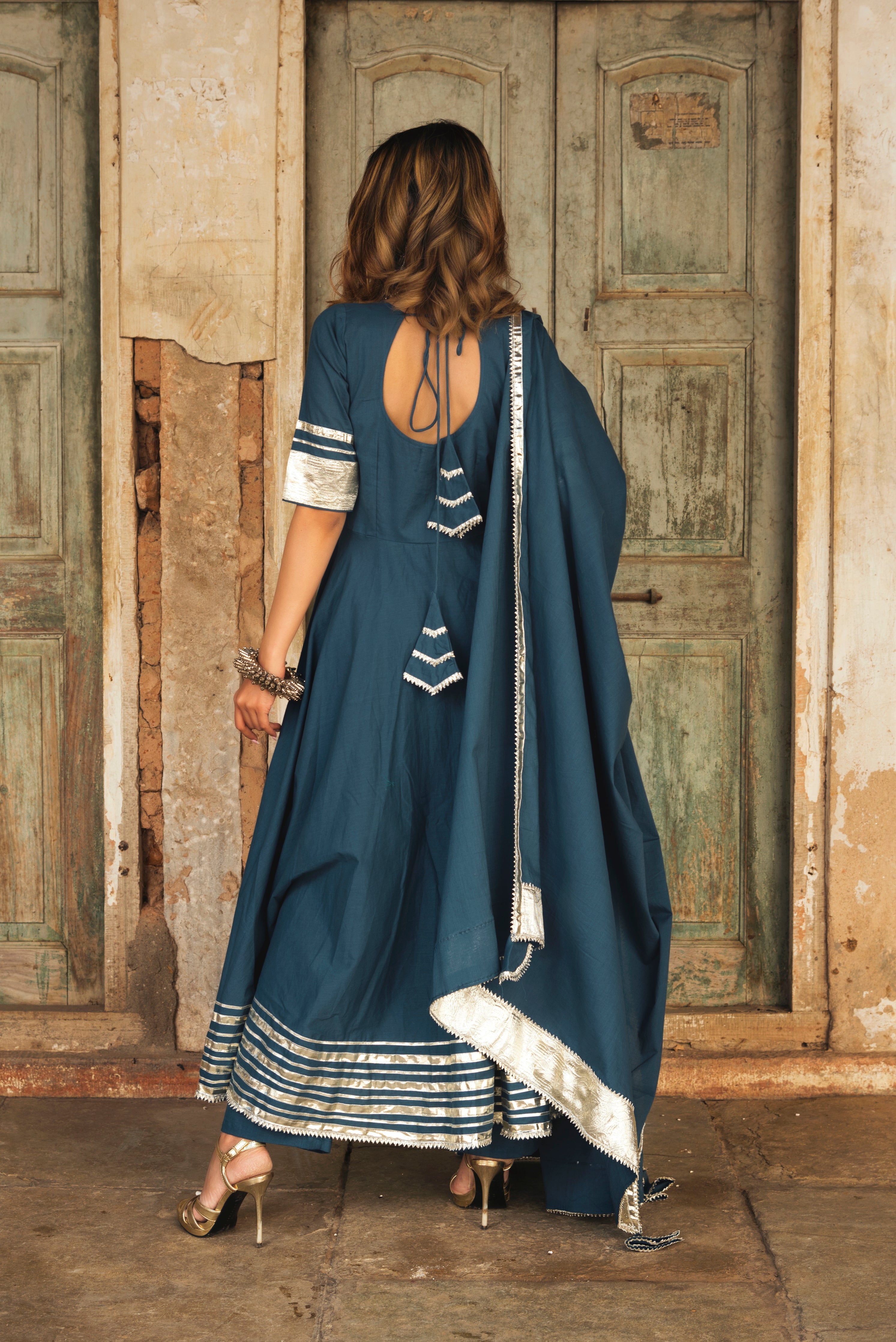 Women's Berry Spary Cotton Blue Anarkali - Pomcha Jaipur