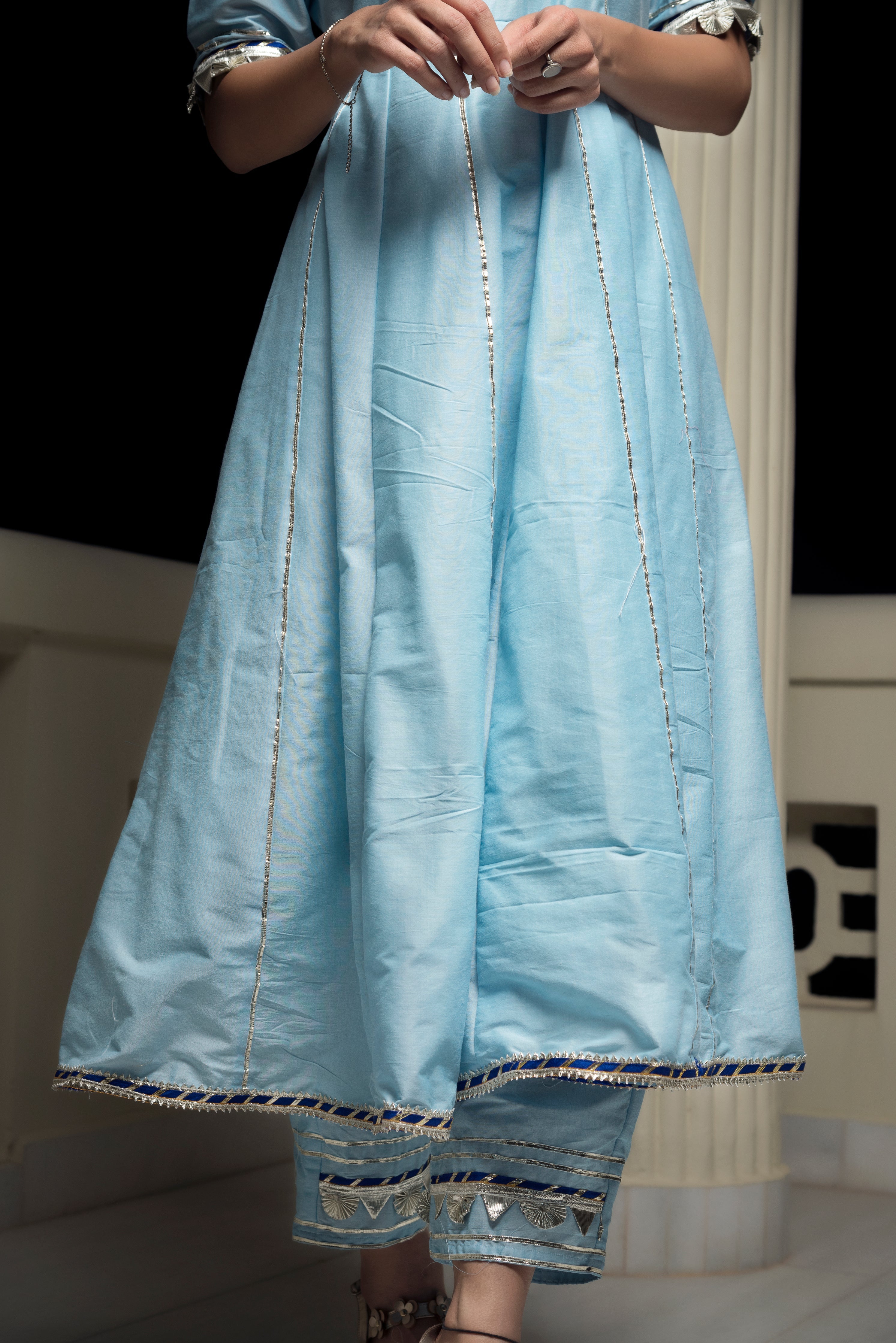 Women's Cotton Silk Blue Anarkali with Gotta Jaal Work - Pomcha Jaipur