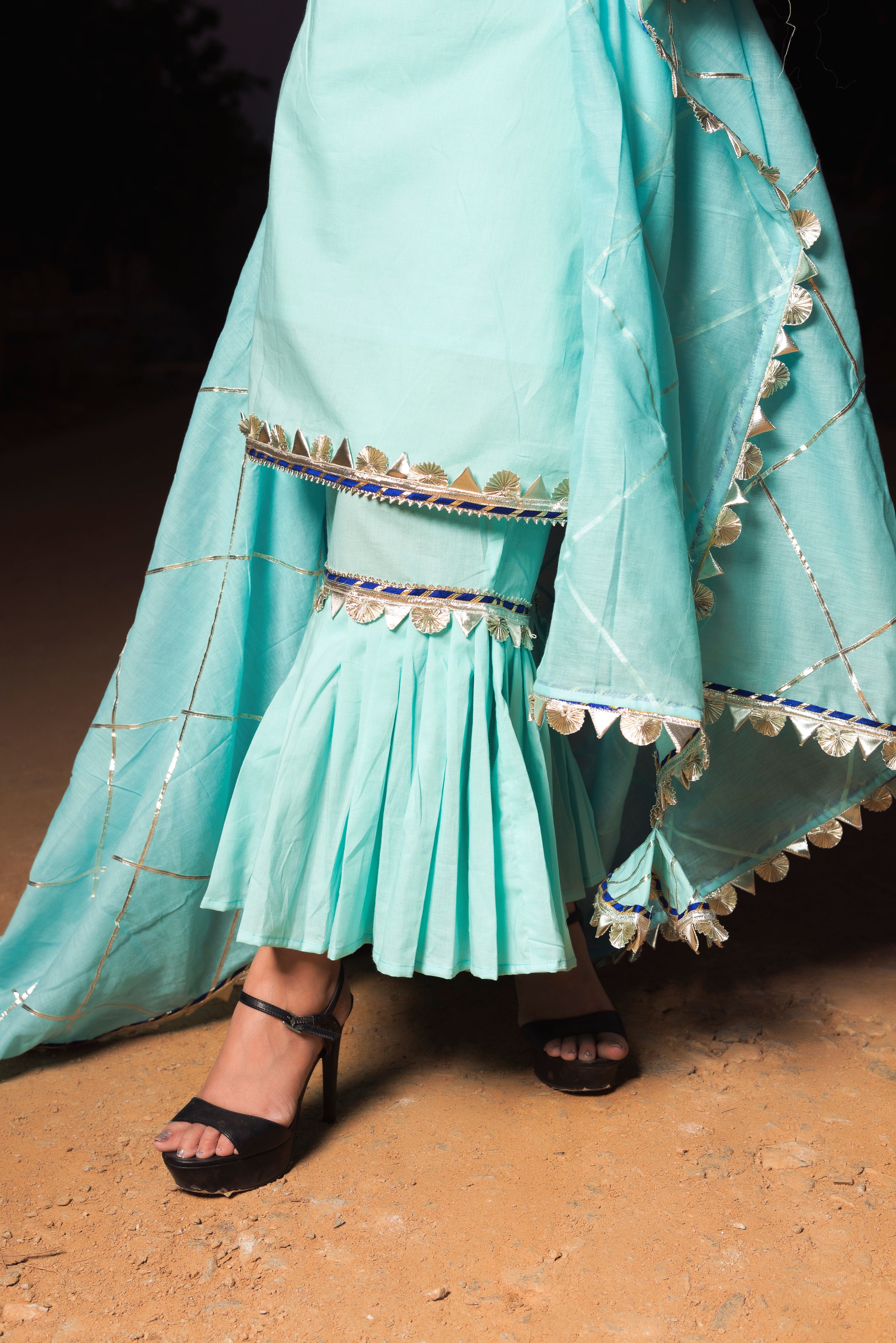 Women's Gotta Jaal Blue Cotton Sharara Set - Pomcha Jaipur