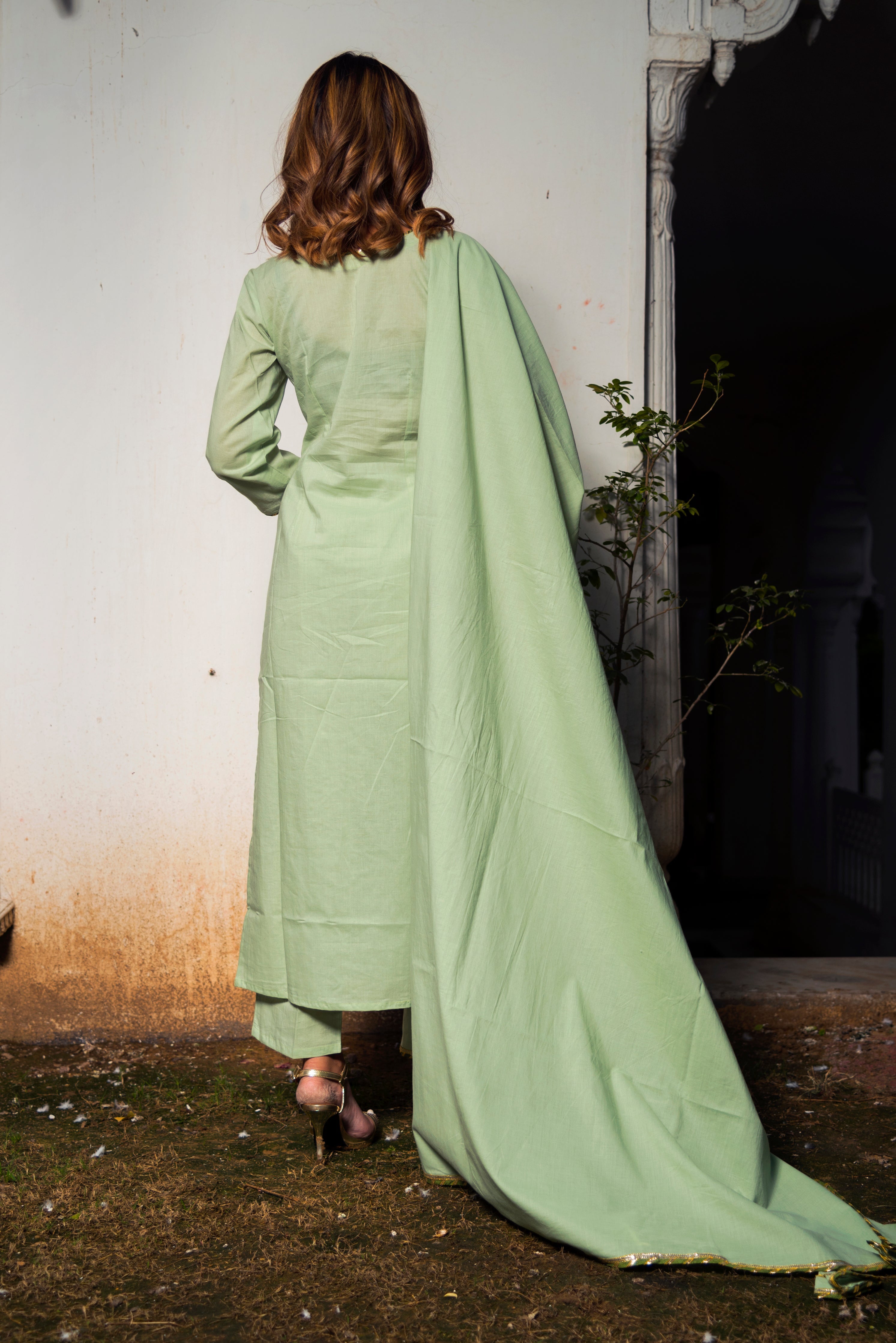 Women's olive green cotton straight kurta set - Pomcha Jaipur