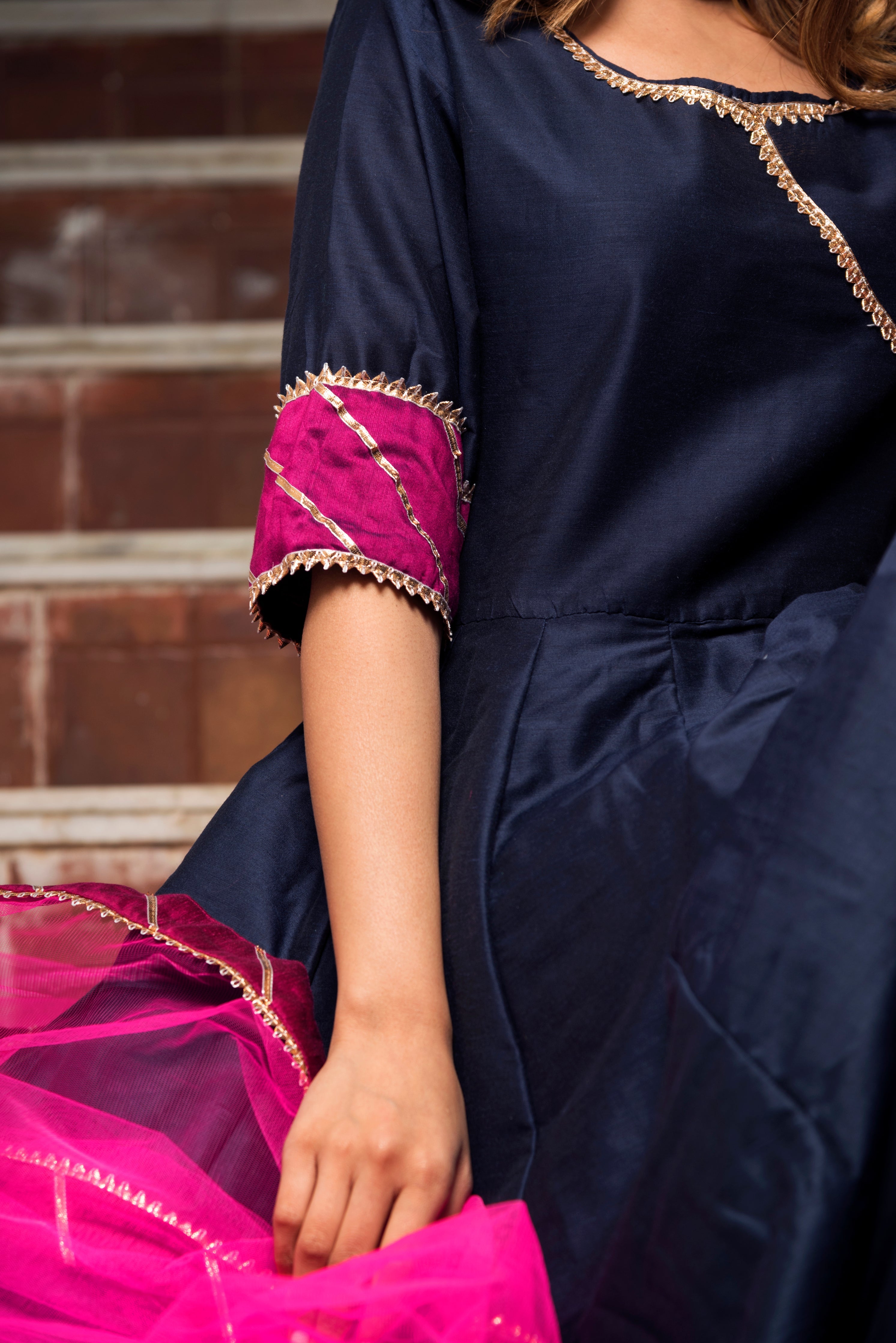 Women's Royal Blue Cotton Silk Angrakha Kurta with Palazzo & Dupatta (3pcs Set) - Pomcha Jaipur