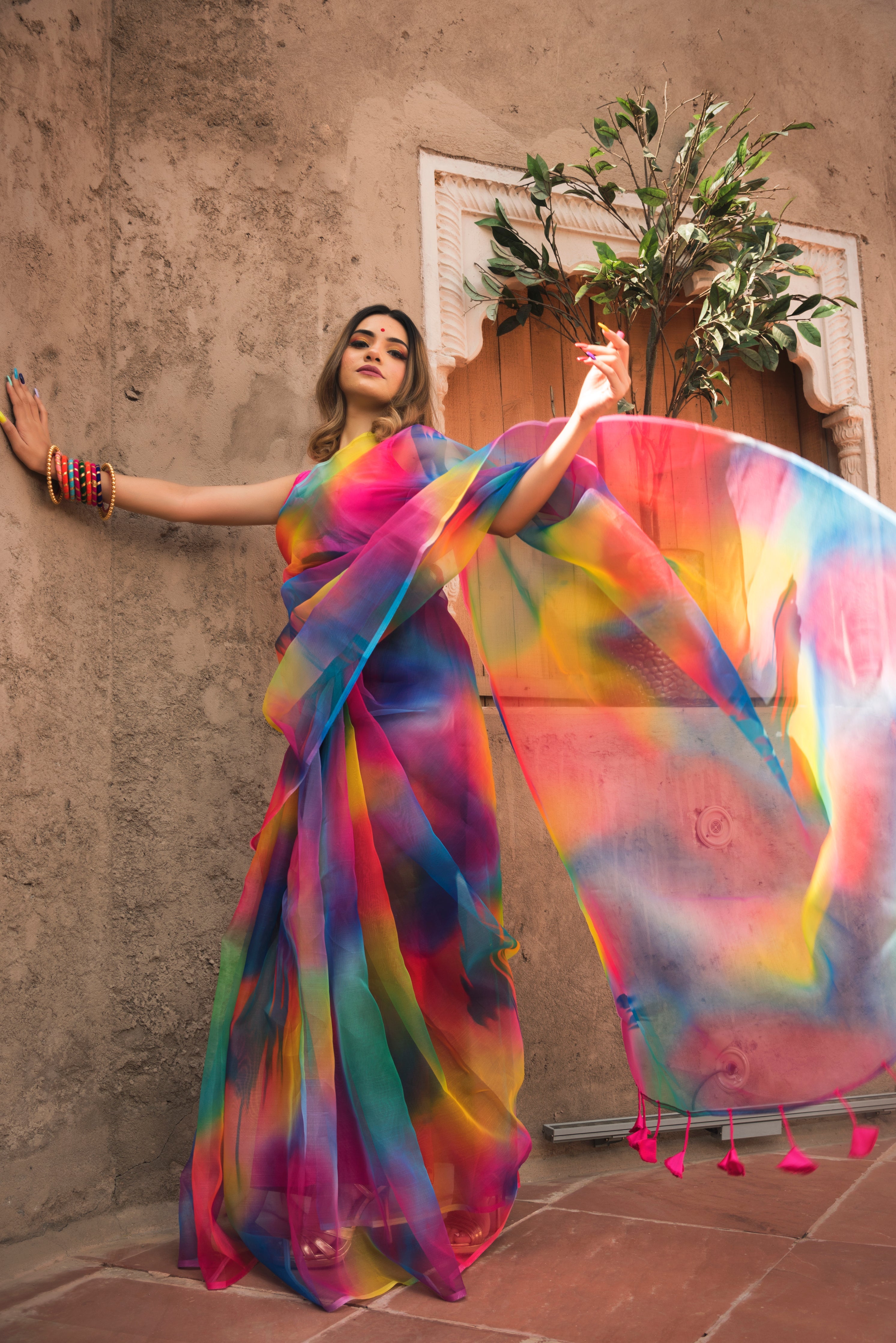 Women's rainbow organza printed saree - Pomcha Jaipur