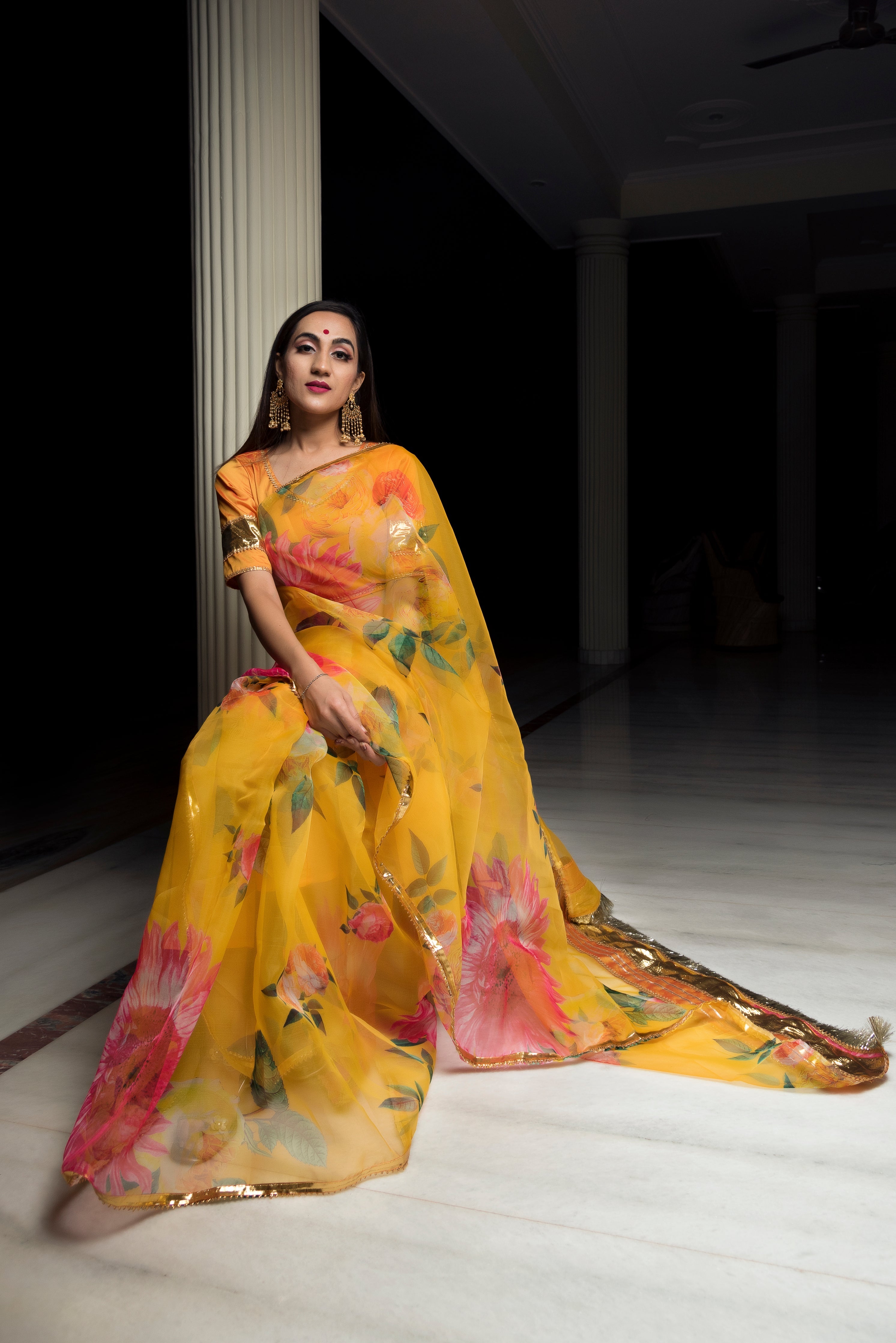 Women's organza silk orange saree - Pomcha Jaipur