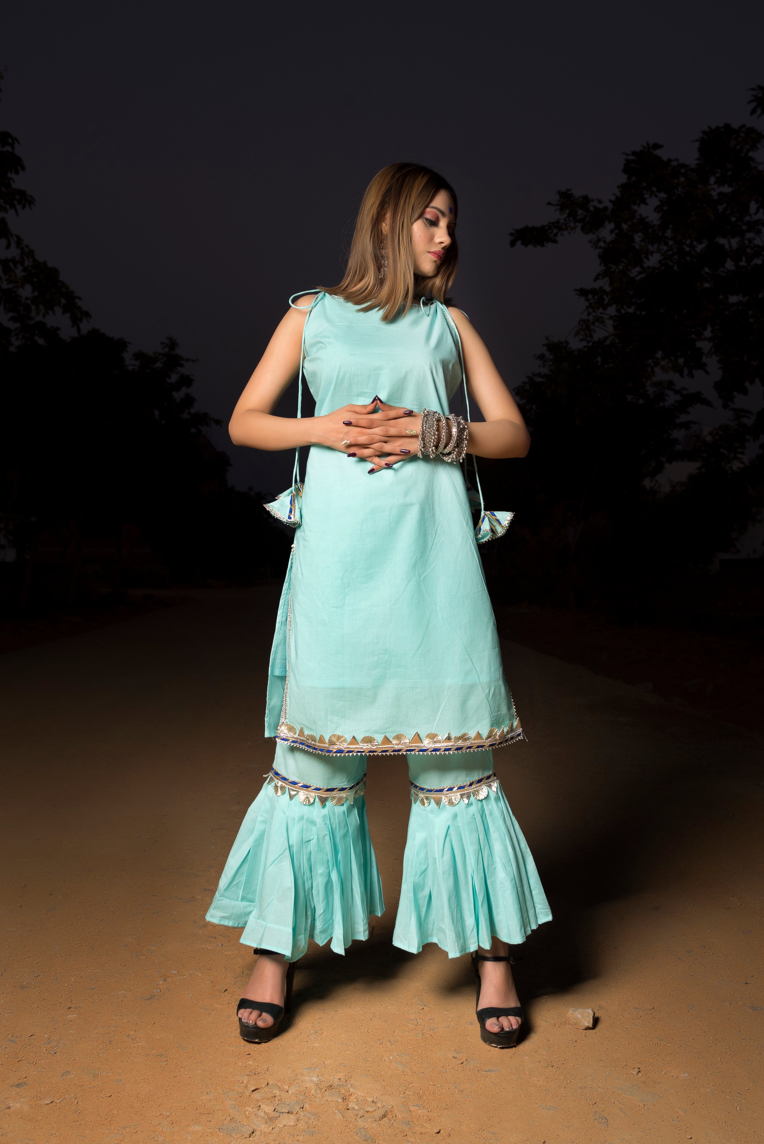 Women's Gotta Jaal Blue Cotton Sharara Set - Pomcha Jaipur