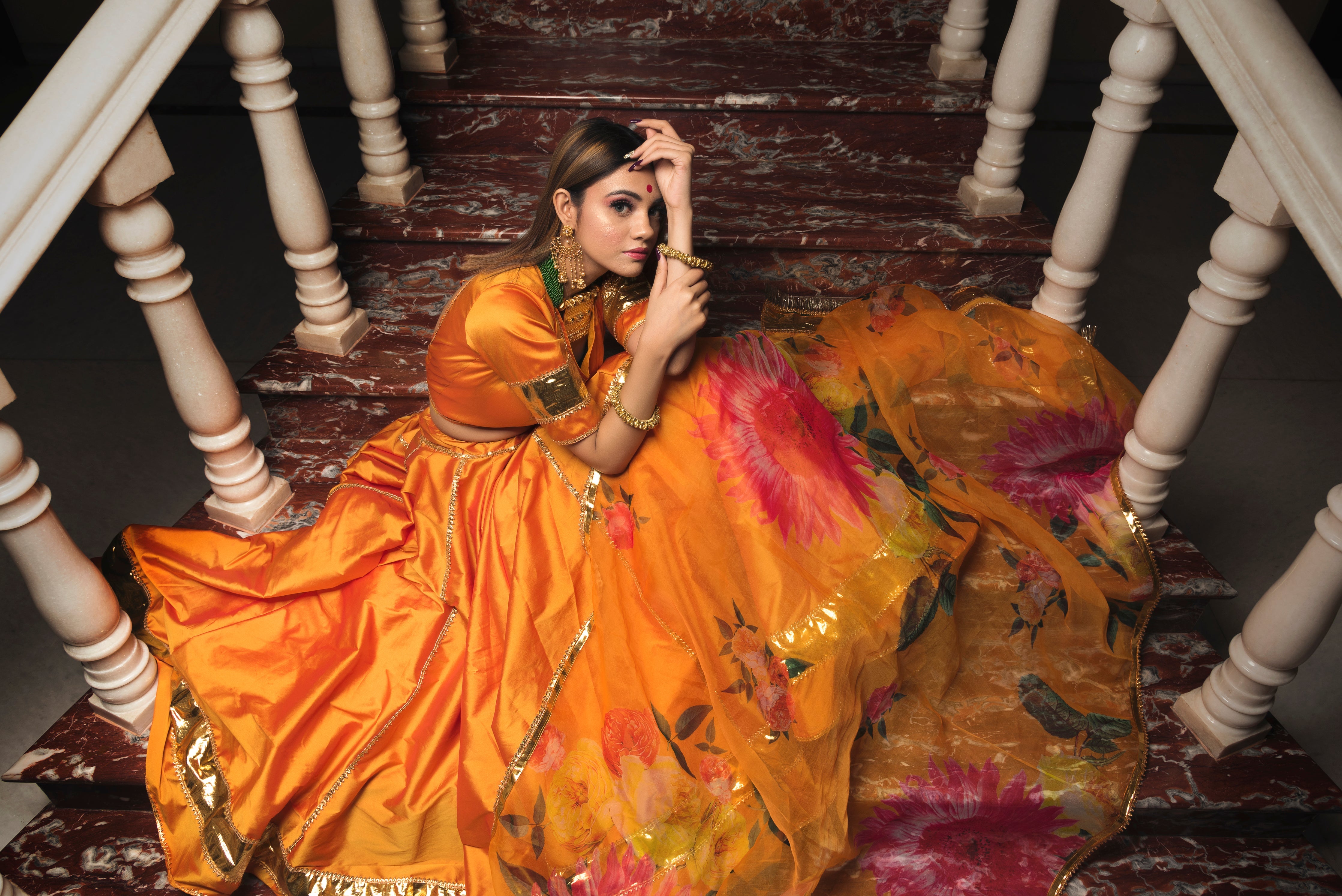 Women's Taffeta Silk Orange Lehenga- Pomcha Jaipur