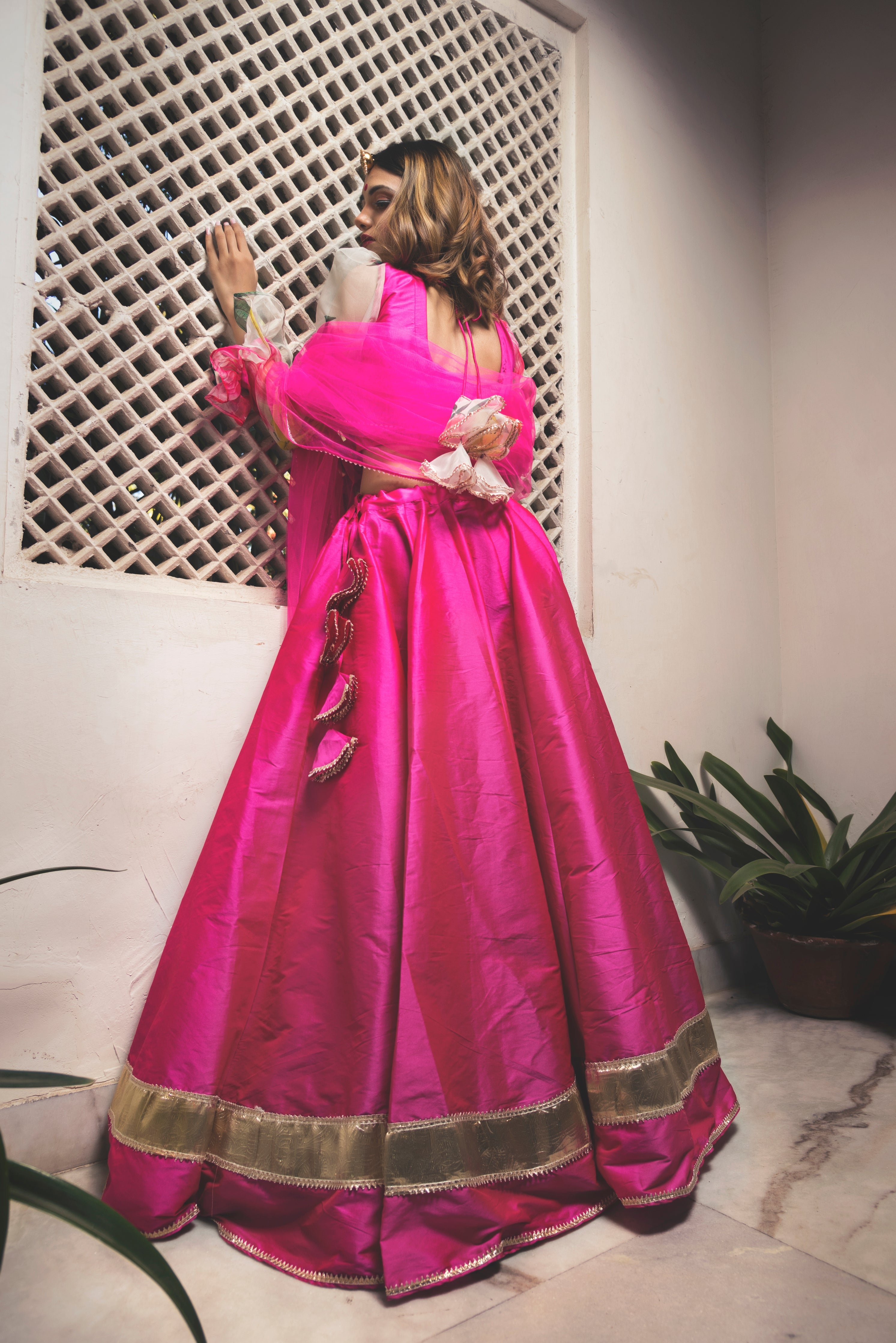 Women's hot pink taffeta lehenga - Pomcha Jaipur