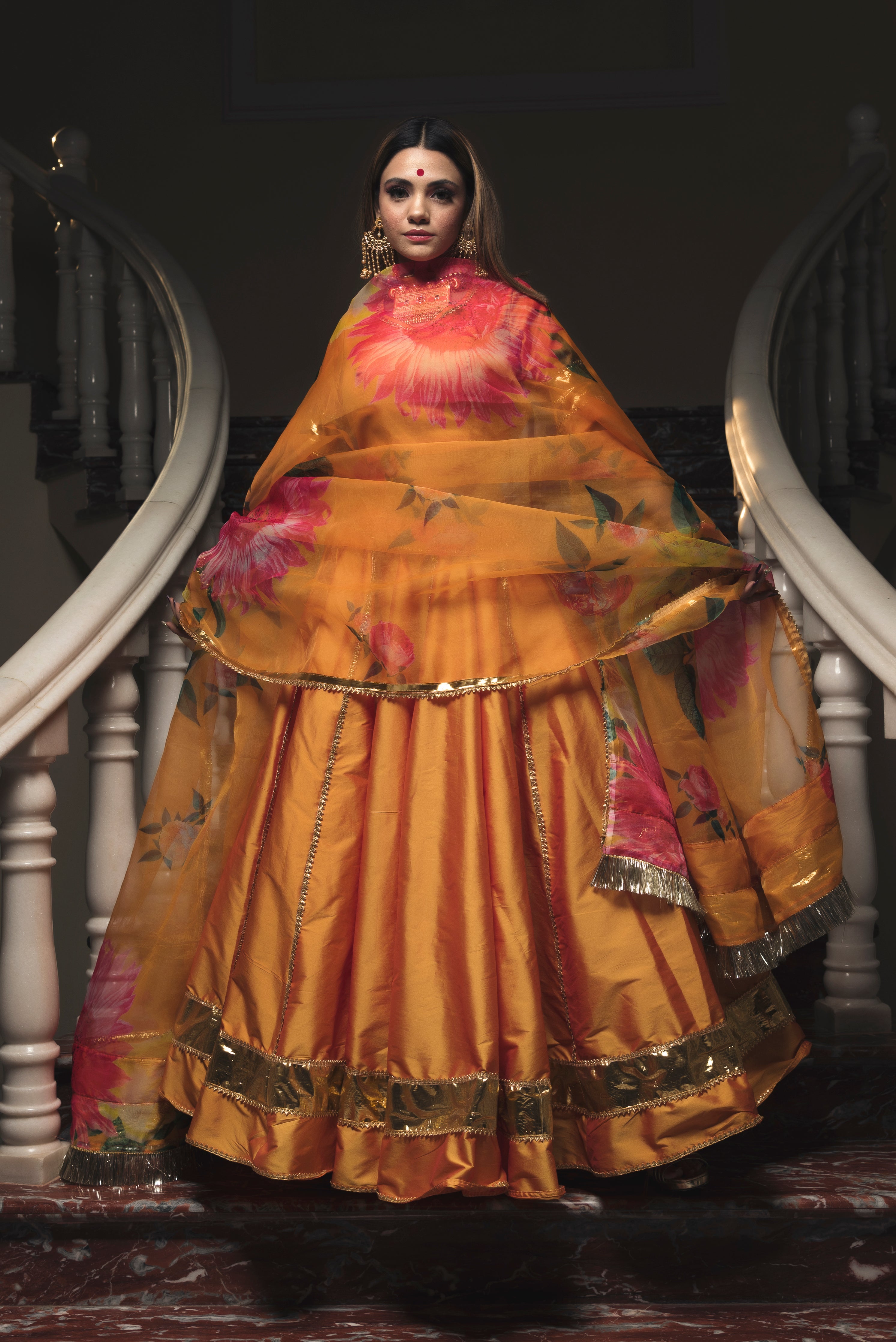 Women's Taffeta Silk Orange Lehenga- Pomcha Jaipur