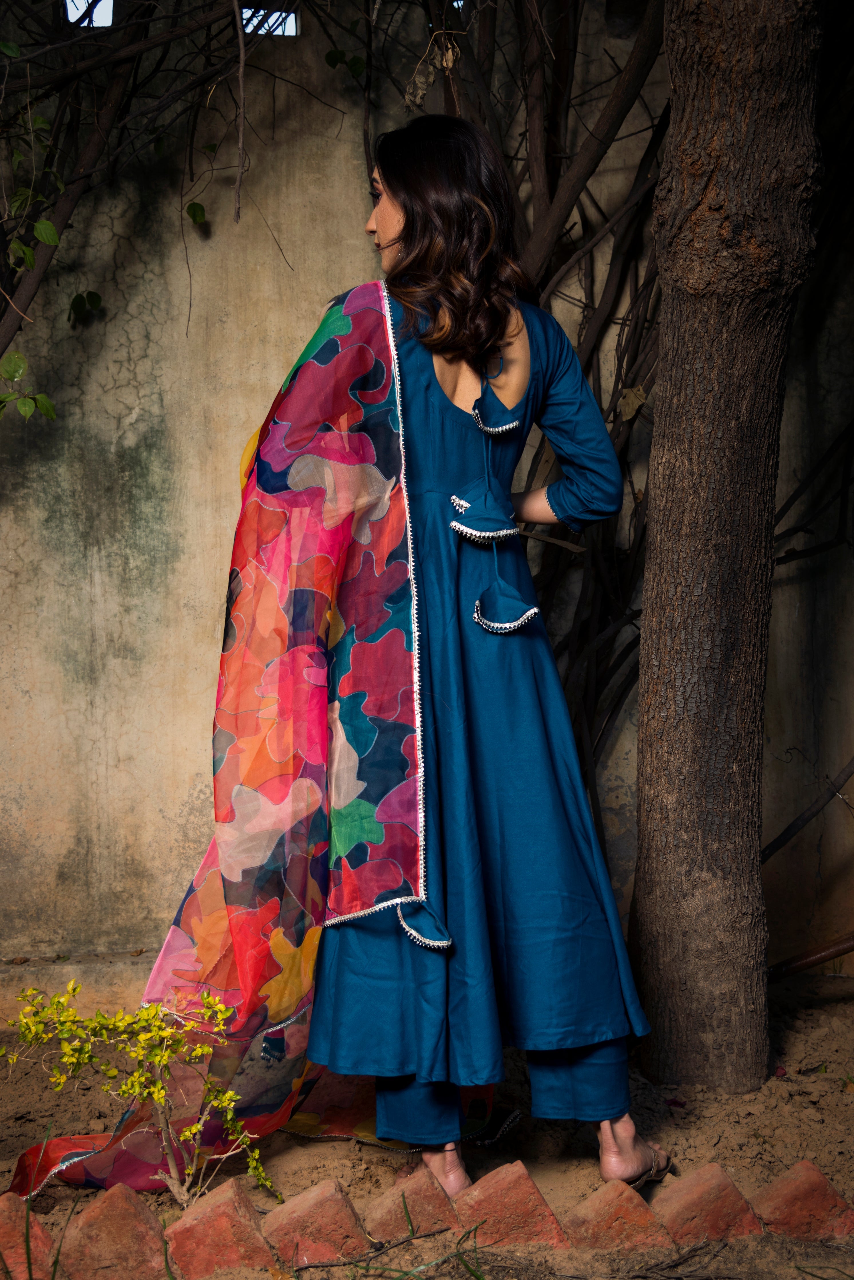 Women Blue Rayon Anarkali suit set with Pants & Dupatta by Pomcha Jaipur- (3pcs set)