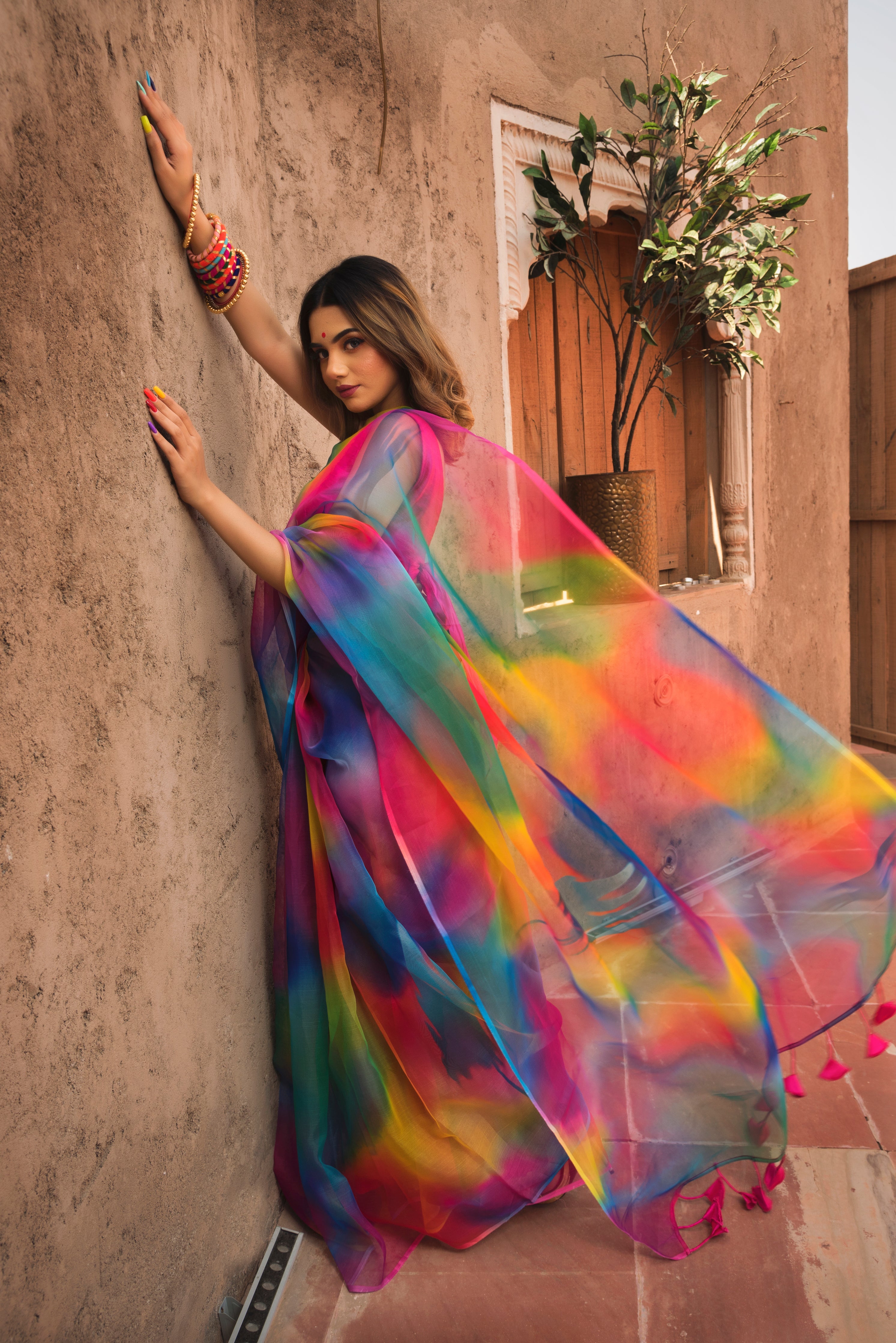 Women's rainbow organza printed saree - Pomcha Jaipur