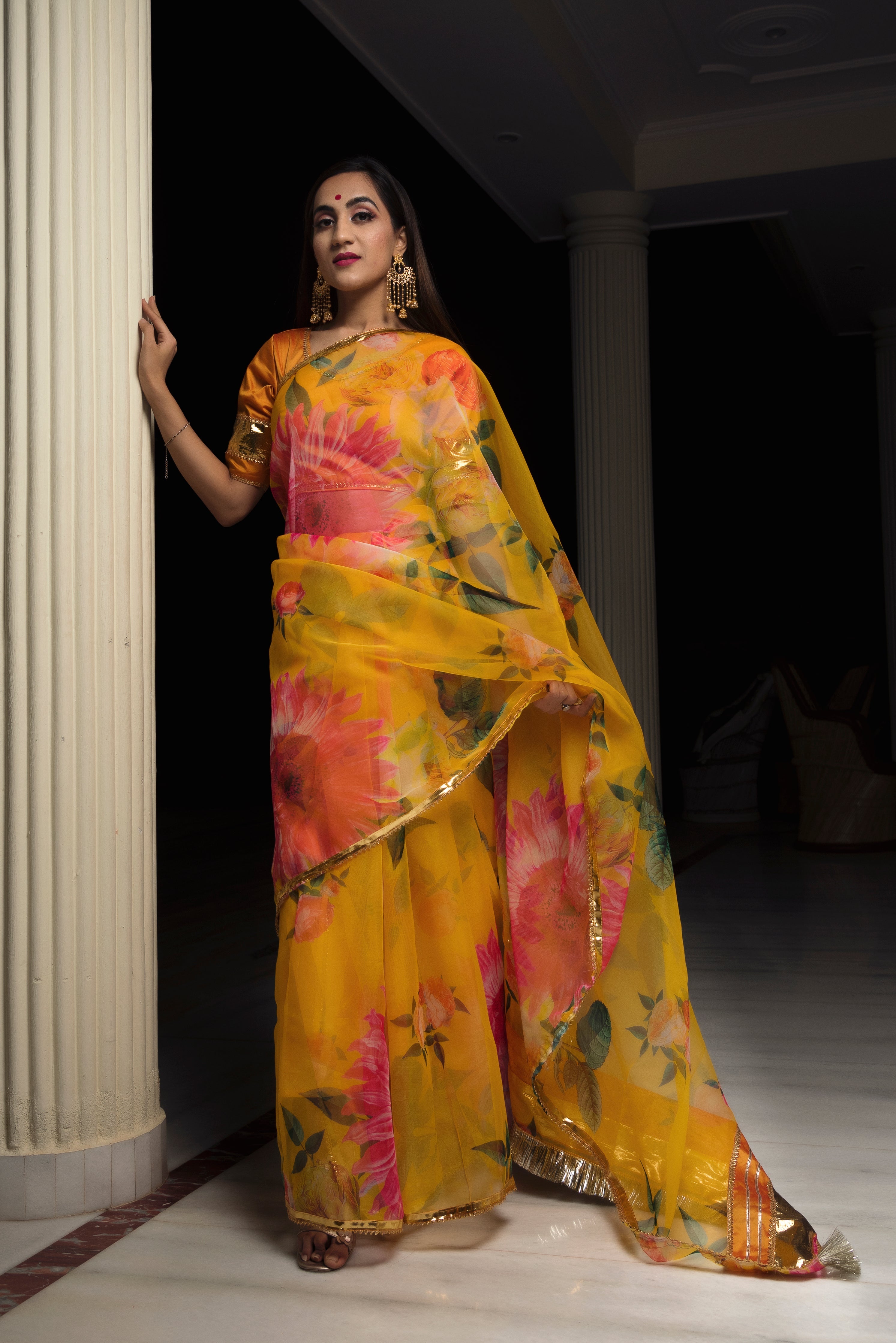 Women's organza silk orange saree - Pomcha Jaipur