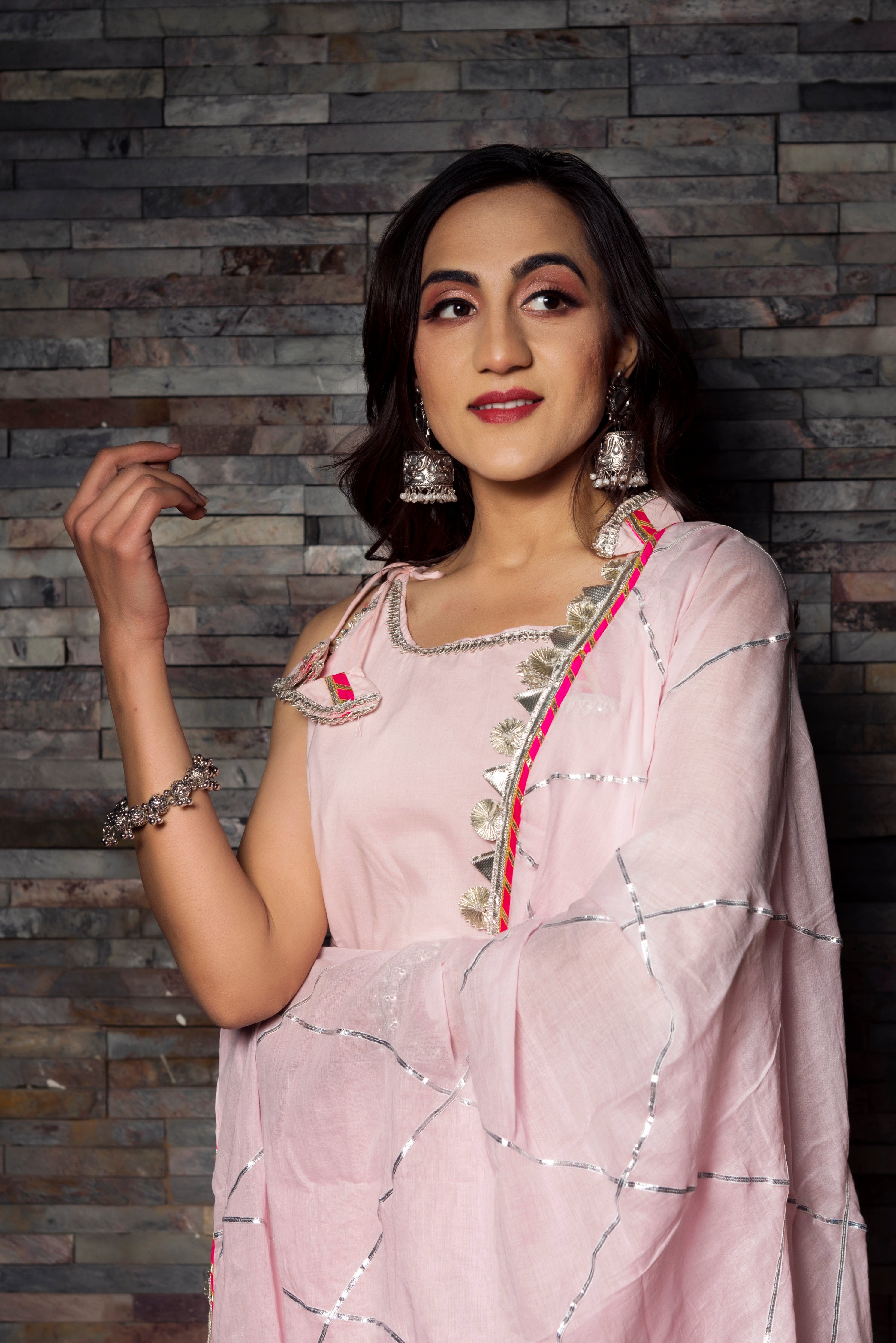 Women's Gotta Jaal Pink Cotton Kurta Sharara Set - Pomcha Jaipur