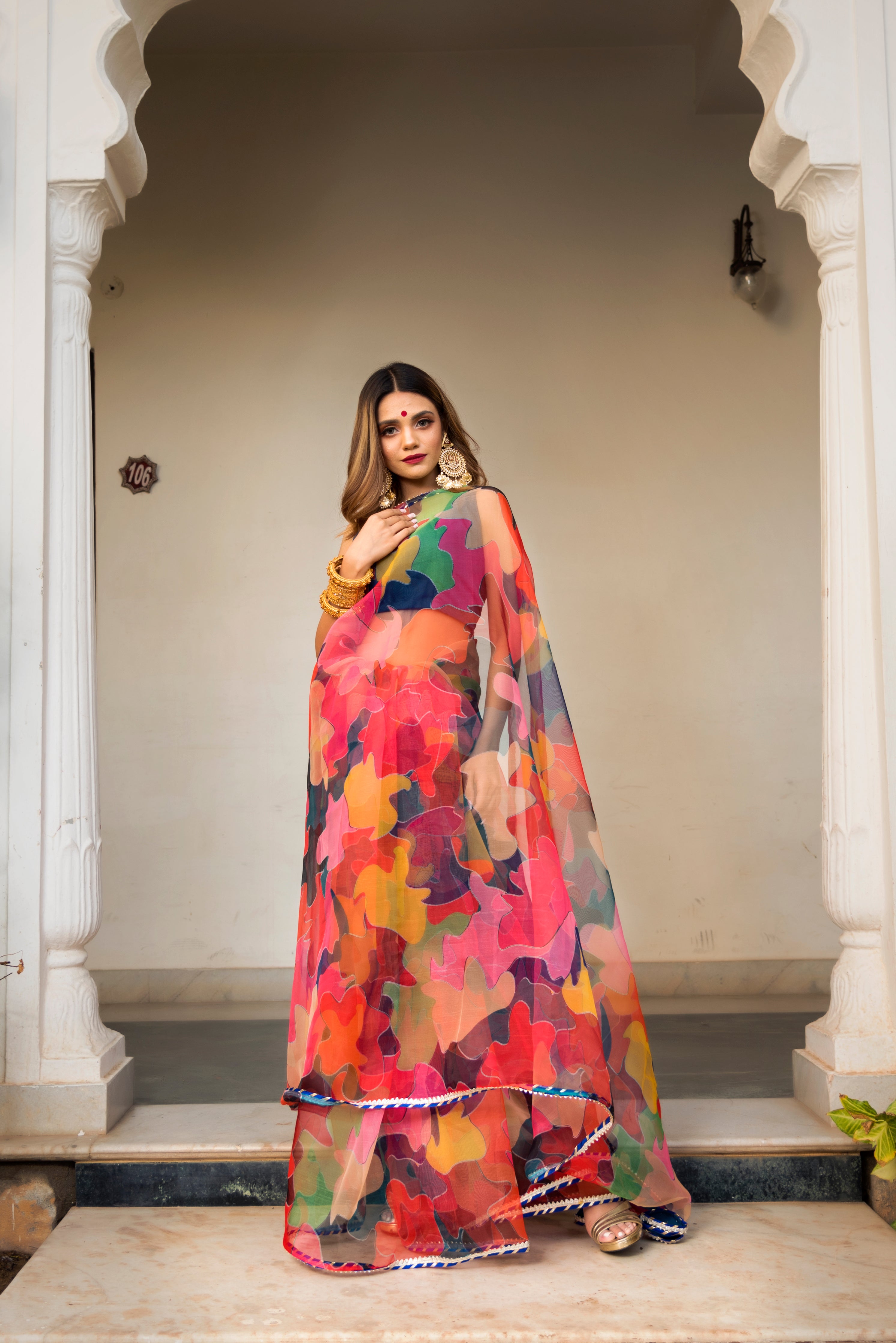 Women's multi color organza printed saree - Pomcha Jaipur
