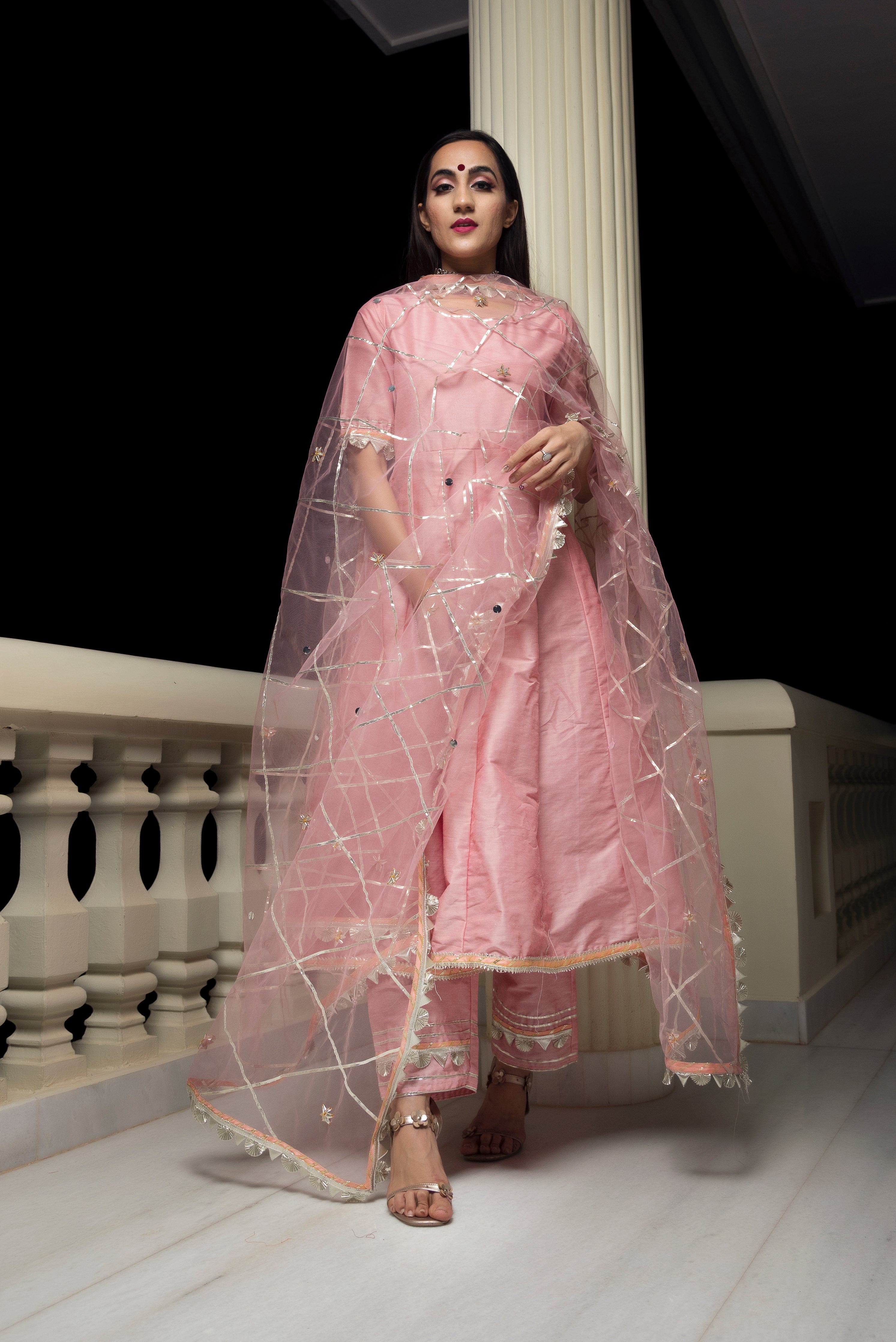 Women's Gotta Jaal Cotton Silk Peach Anarkali - Pomcha Jaipur