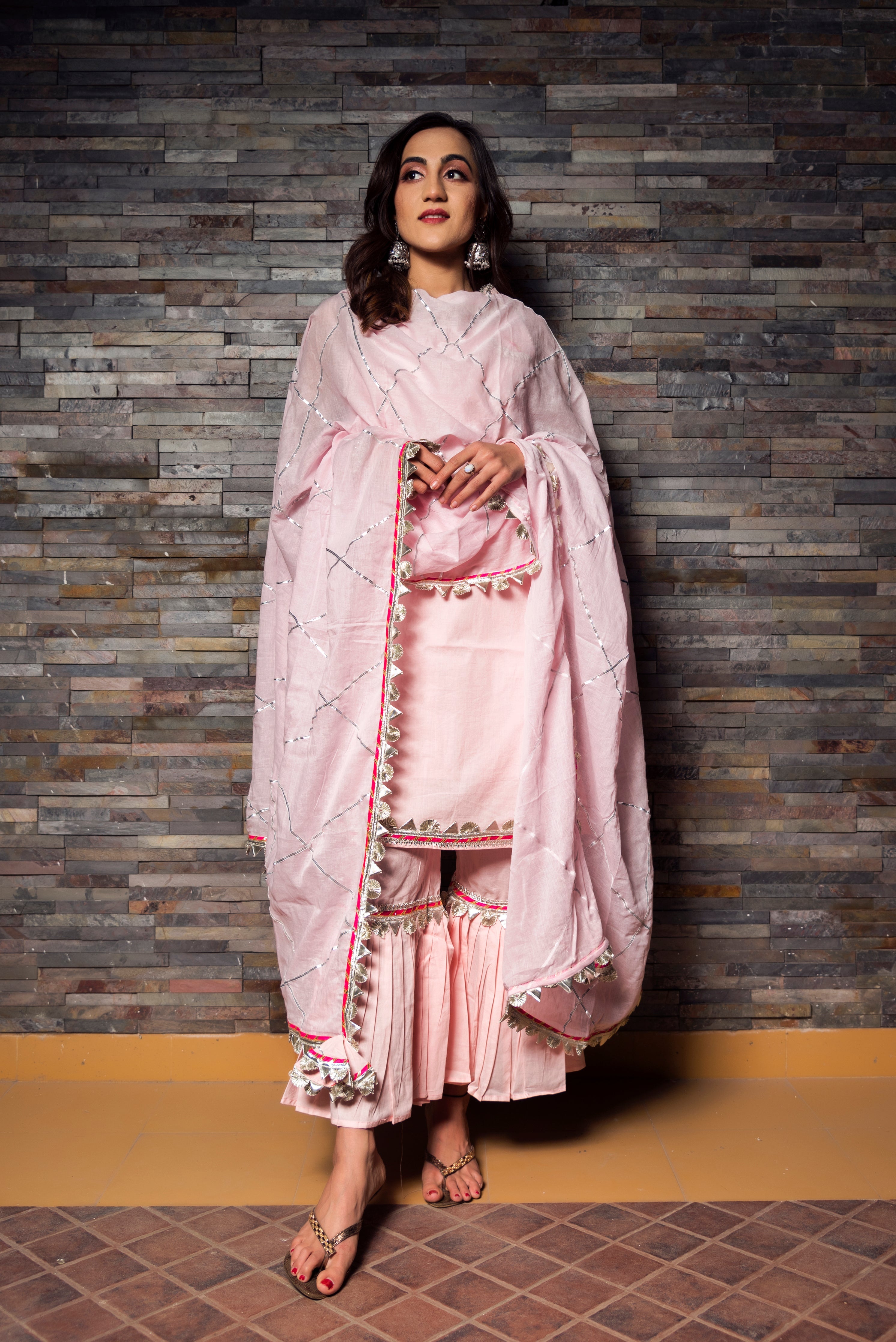Women's Gotta Jaal Pink Cotton Kurta Sharara Set - Pomcha Jaipur