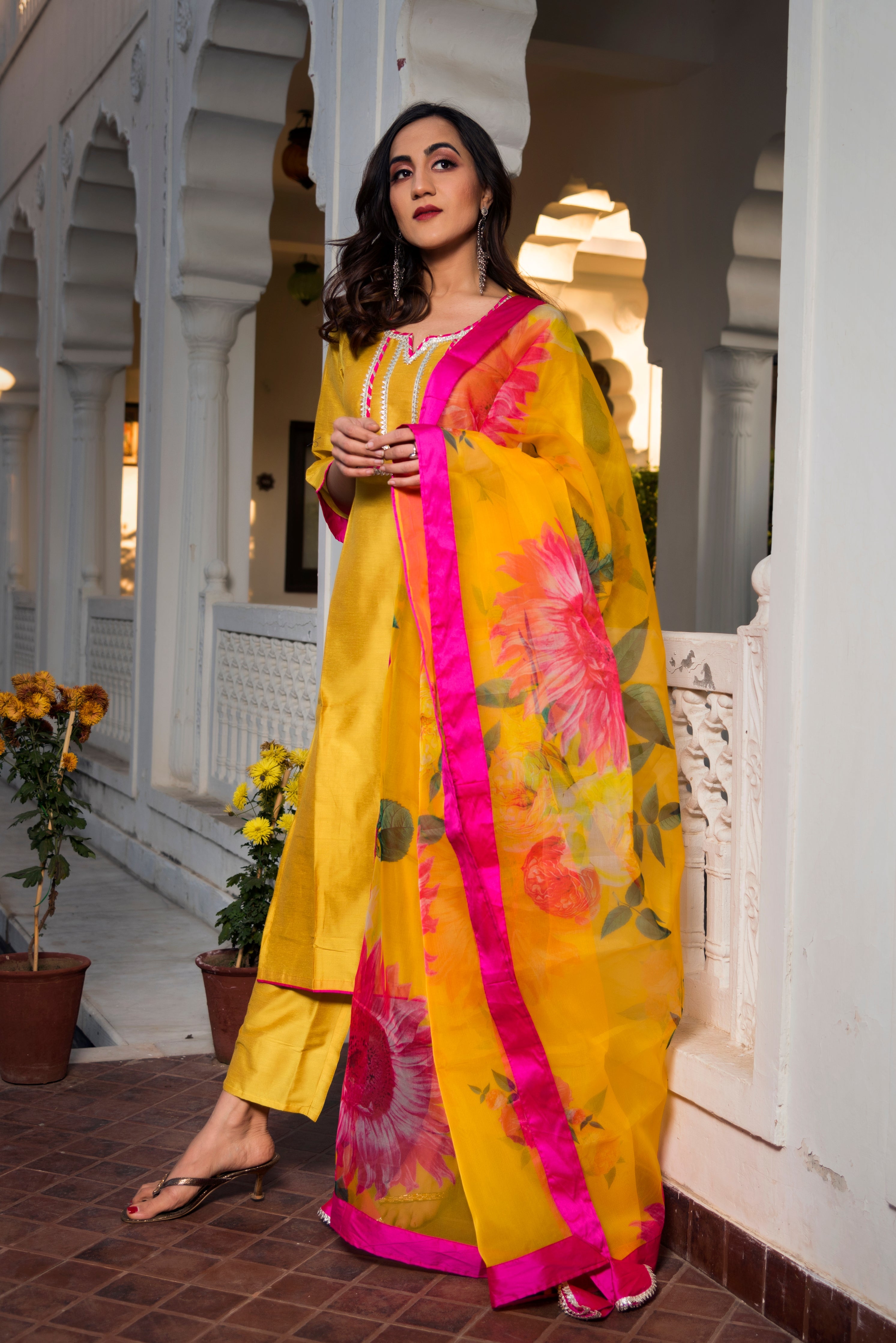 Women's Yellow Cotton Silk Kurta Set - Pomcha Jaipur