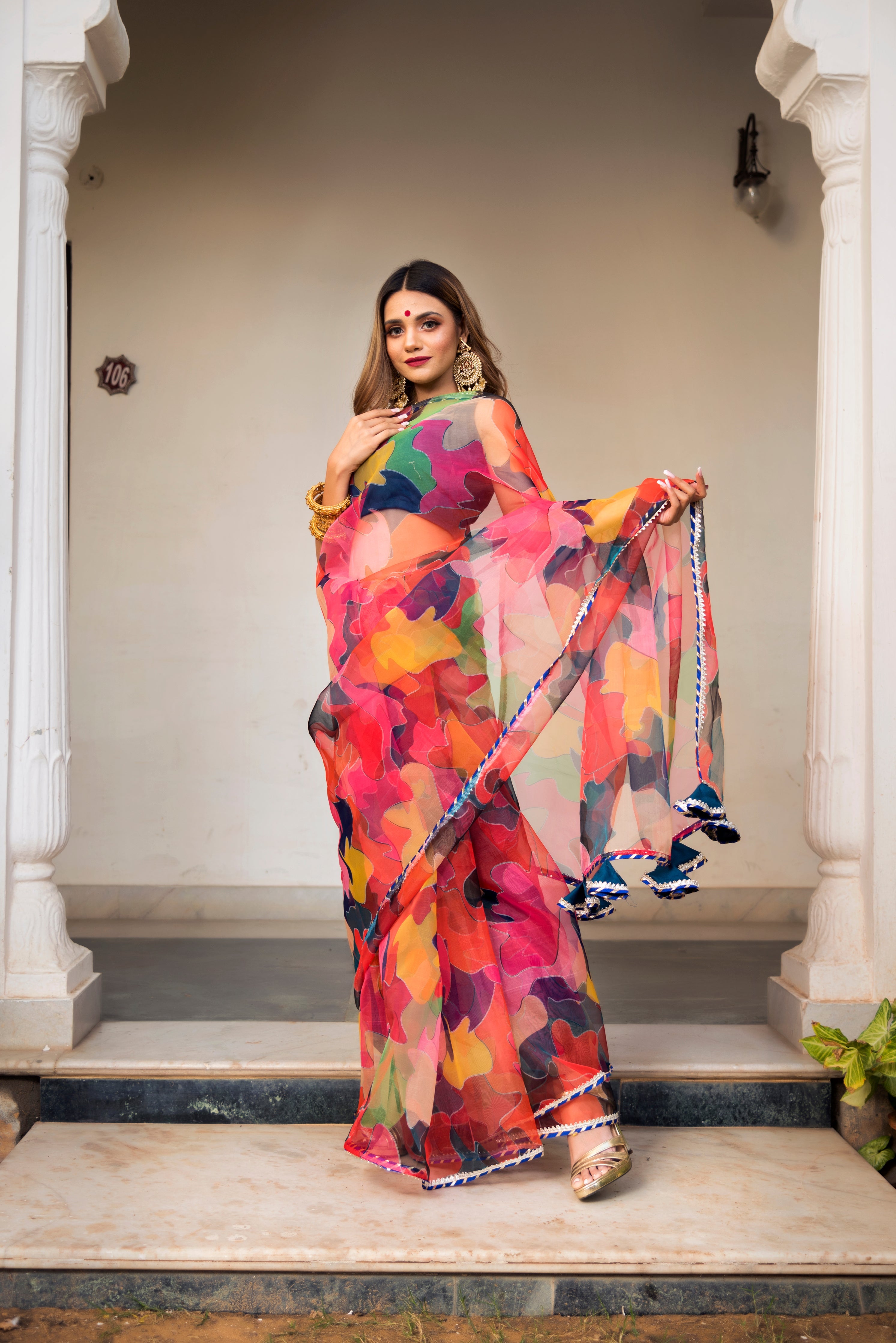 Women's multi color organza printed saree - Pomcha Jaipur