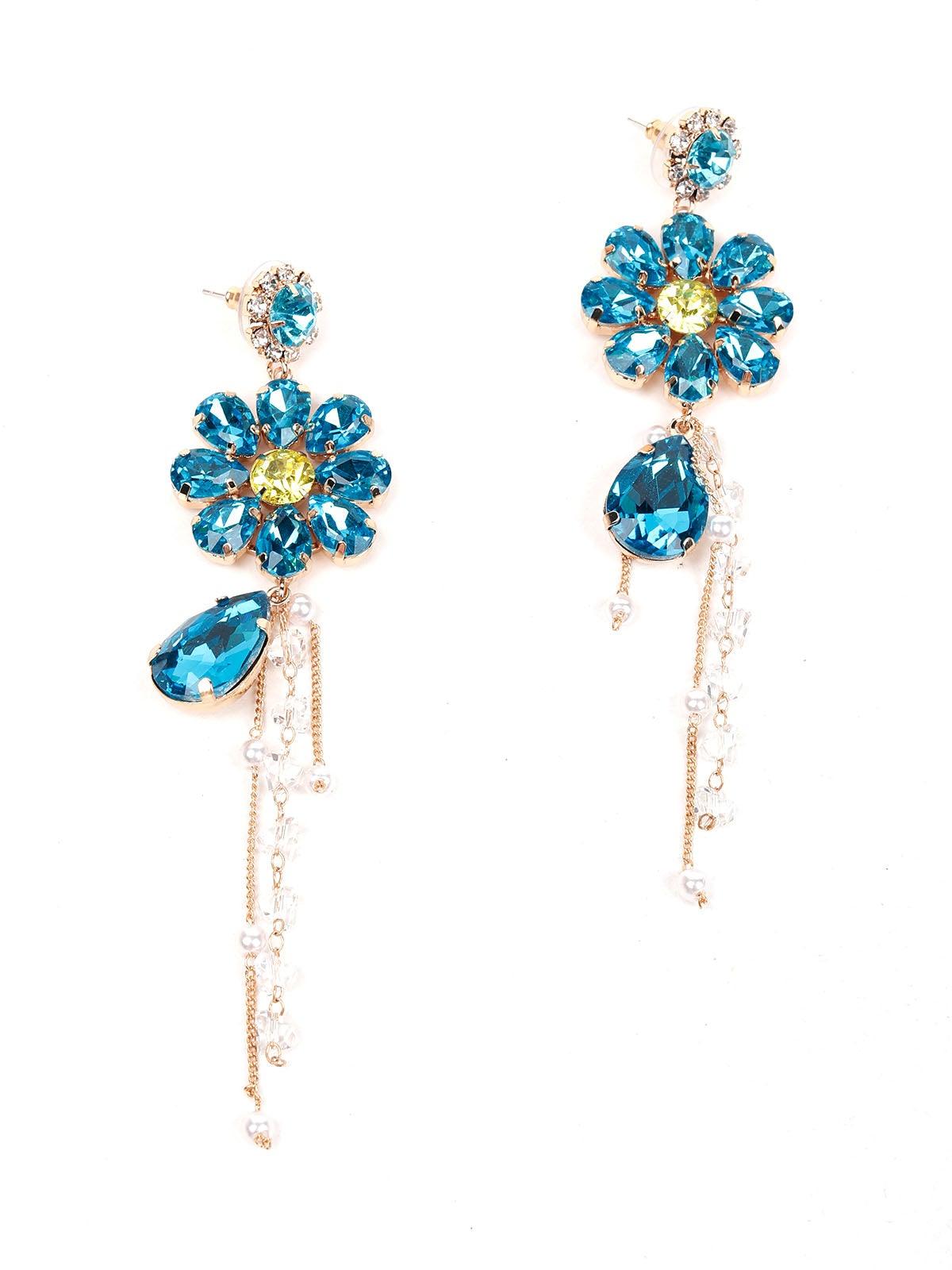 Women's Cute Blue Floral Crystal Drop Earrings - Odette