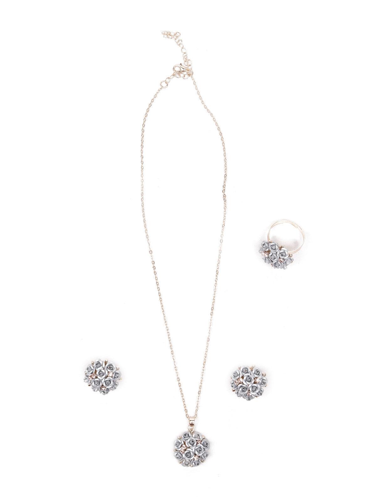 Women's Cute Grey Floral Pendant Necklace Set - Odette