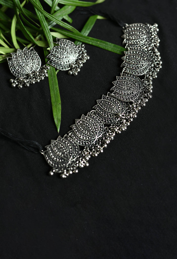Trendia Silver-Plated Oxidised Lotus Design Necklace with Ear