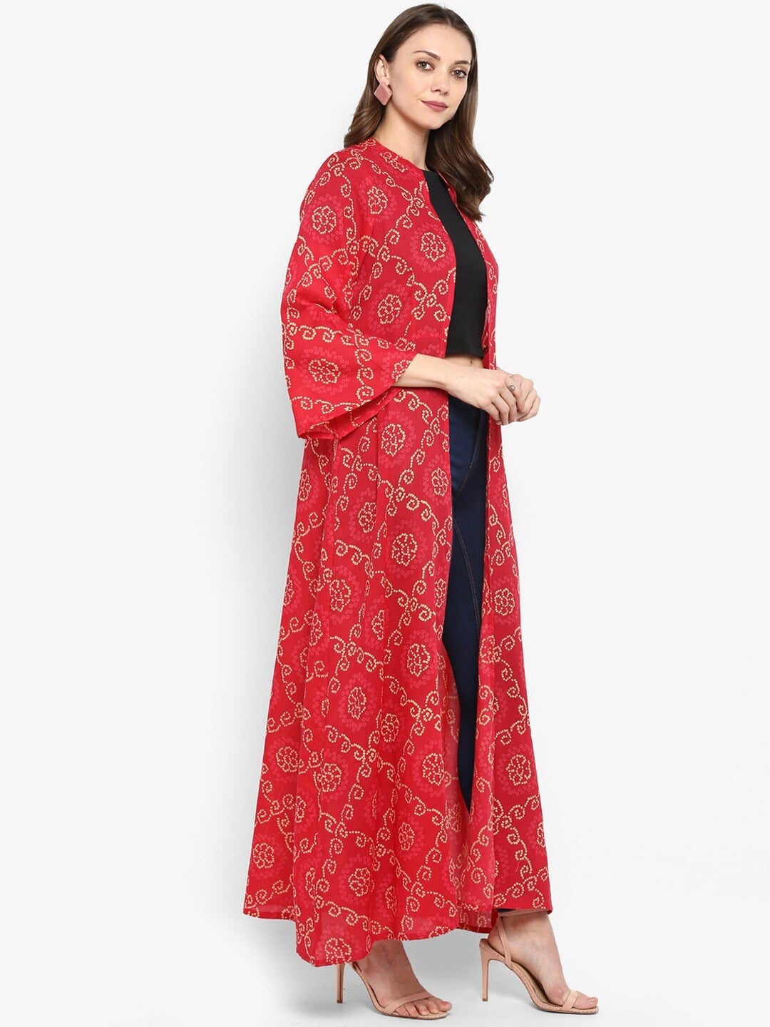 Women's Red & White Bandhani Printed Longline Ethnic Jacket - Meeranshi