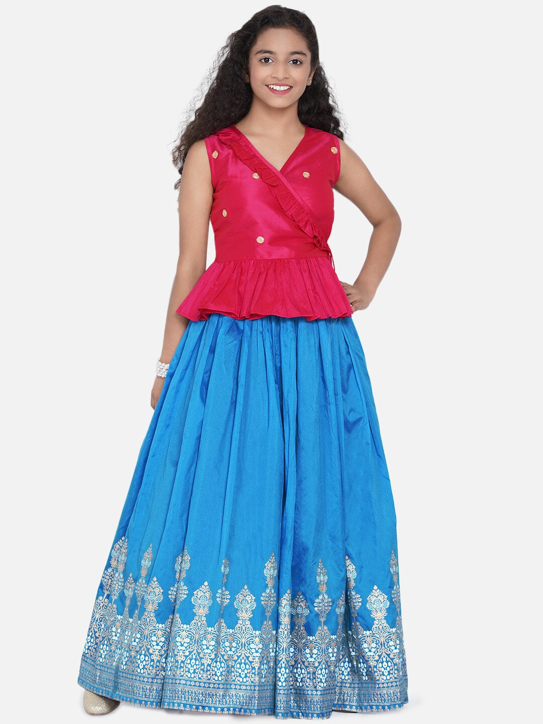 Girl's Pink & Blue Embellished Khari Print Ready to Wear Lehenga - NOZ2TOZ KIDS
