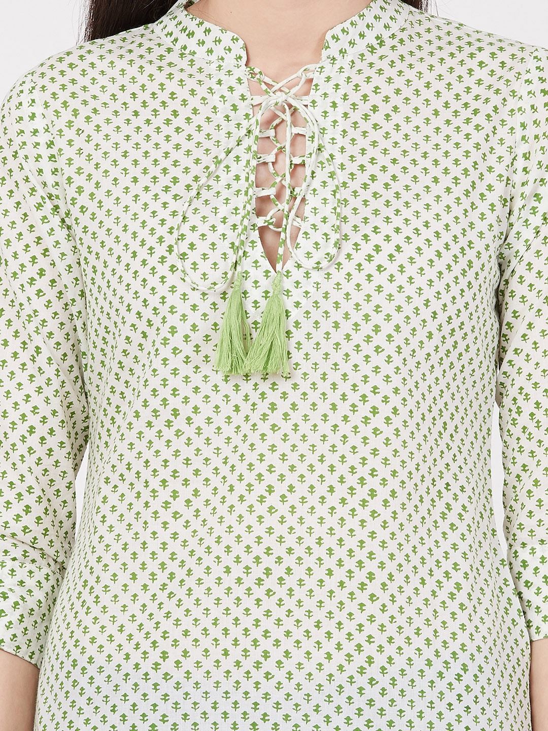 Women's White & Green Printed Woven A-Line Kurti - Meeranshi
