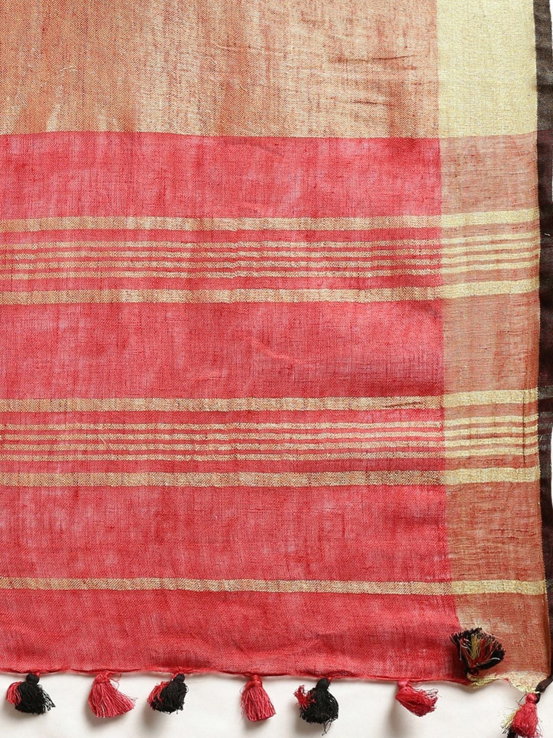 Women's Pure Handloom Linen Golden Zari Border Saree With Tassels - Olive Mist
