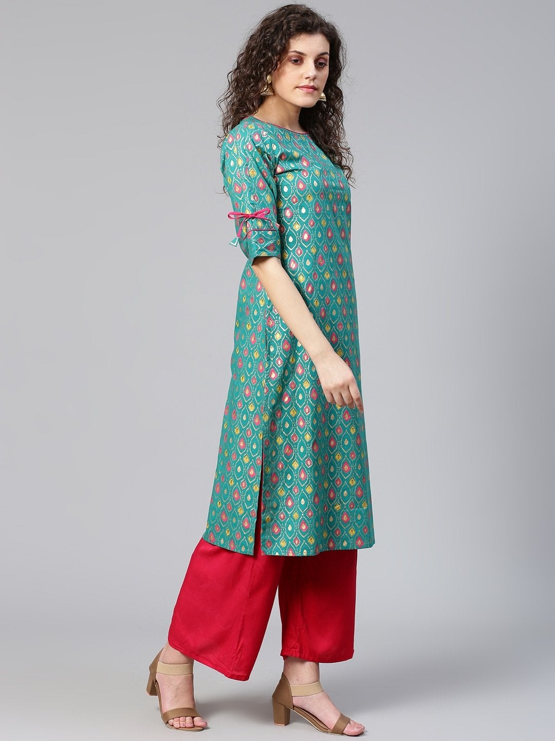 Women's Green & Pink Printed Straight Kurta - Meeranshi
