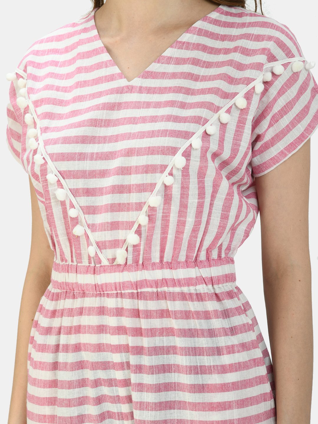 Women's Pink Cotton Printed Short Sleeve Round Neck Casual Jumpsuit - Myshka
