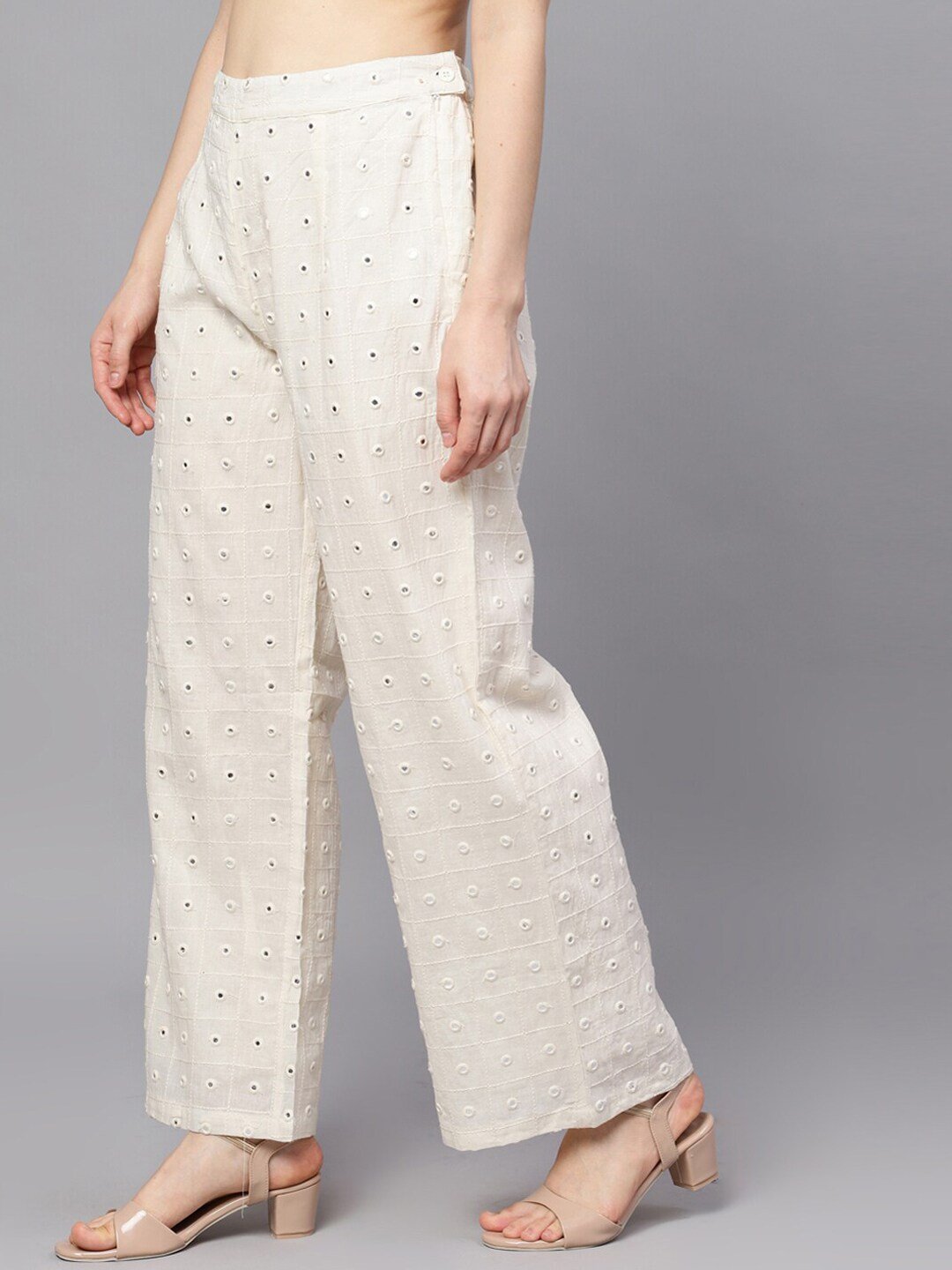 Women's  Off-White Embroidered Flared Palazzos - AKS