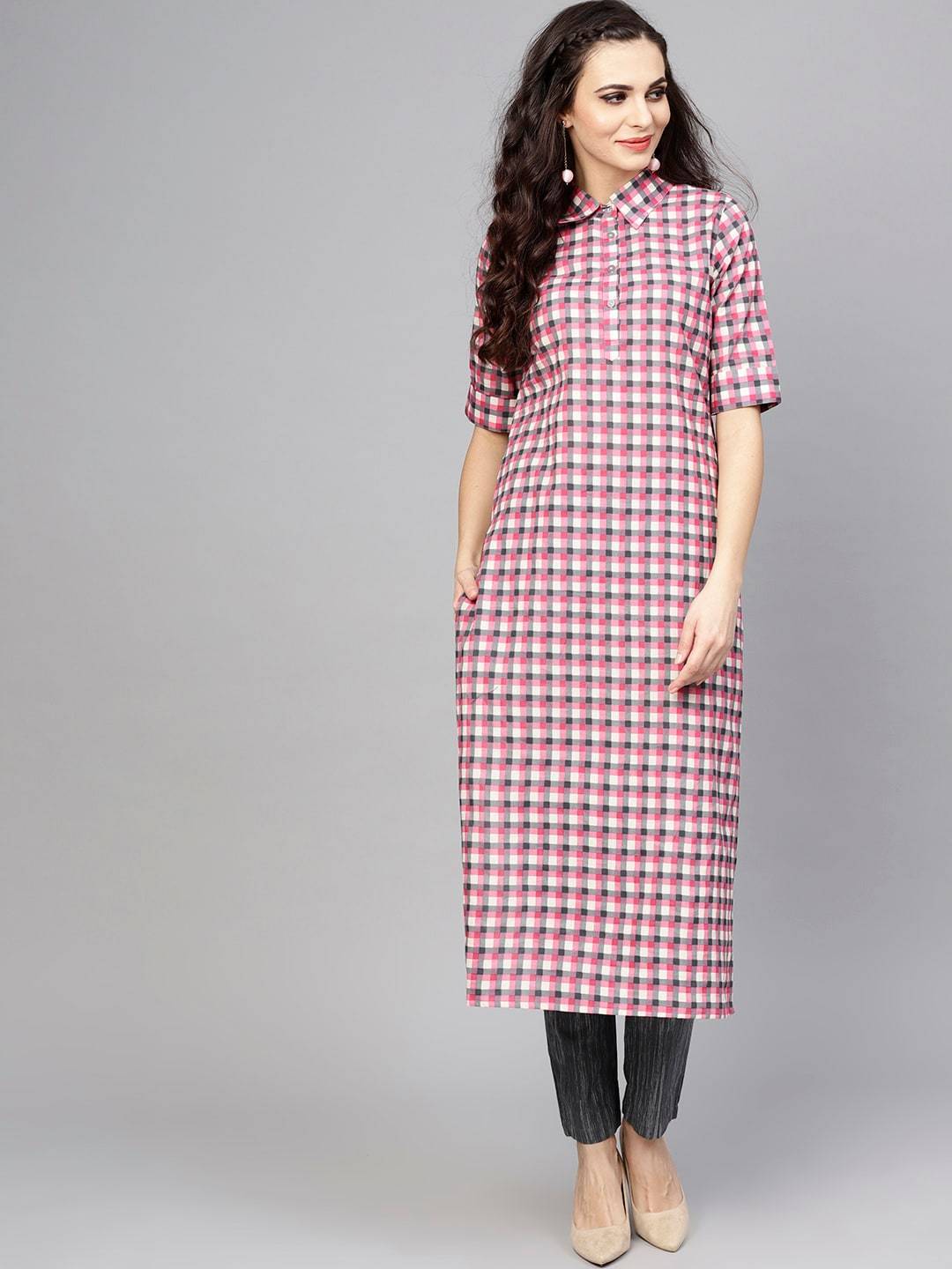 Women's  Pink & Grey Checked Kurta with Trousers - AKS