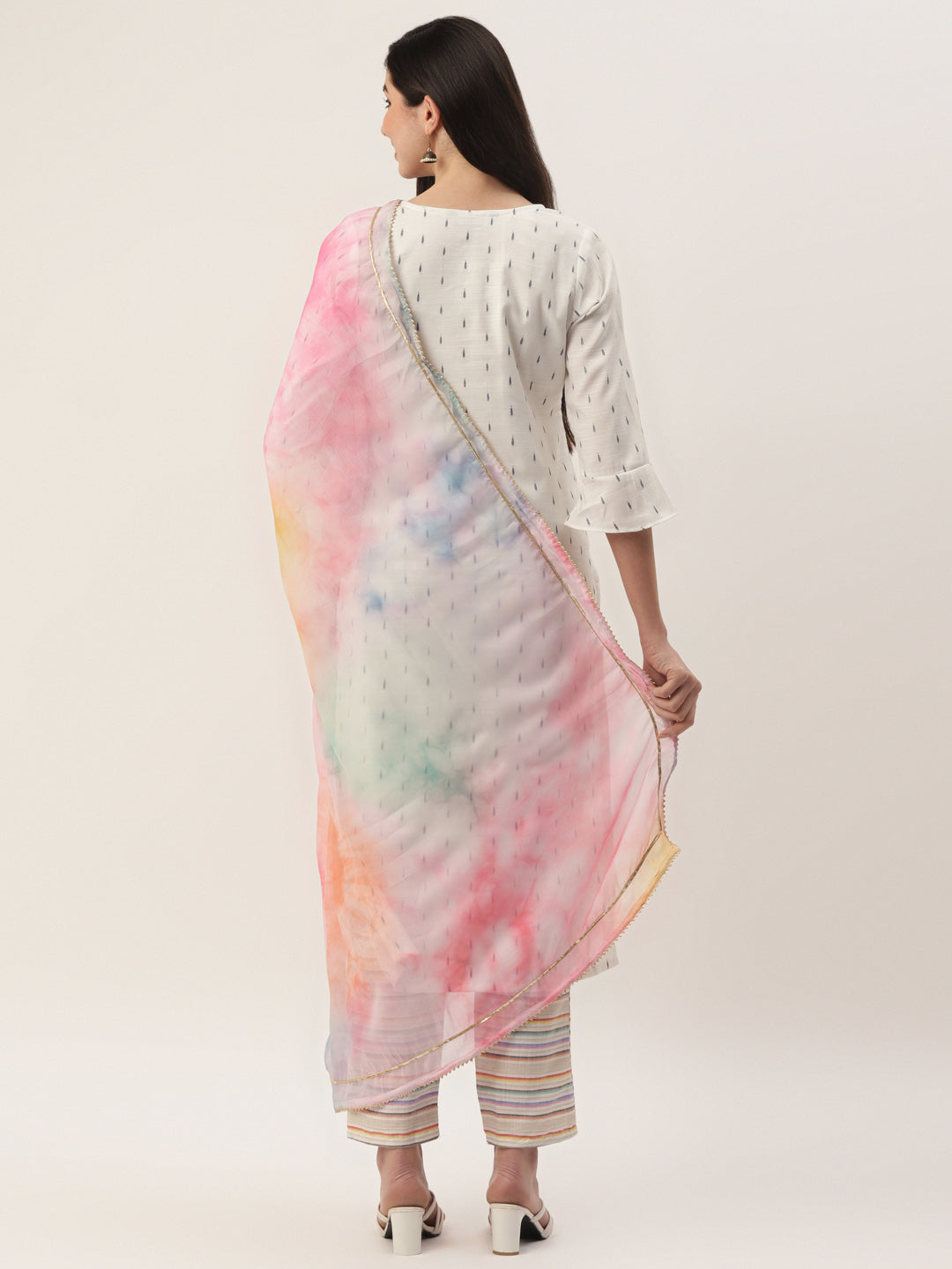 Women's White Cotton Blend Self Design Straight Kurta Trouser Set With Dupatta - VAABA