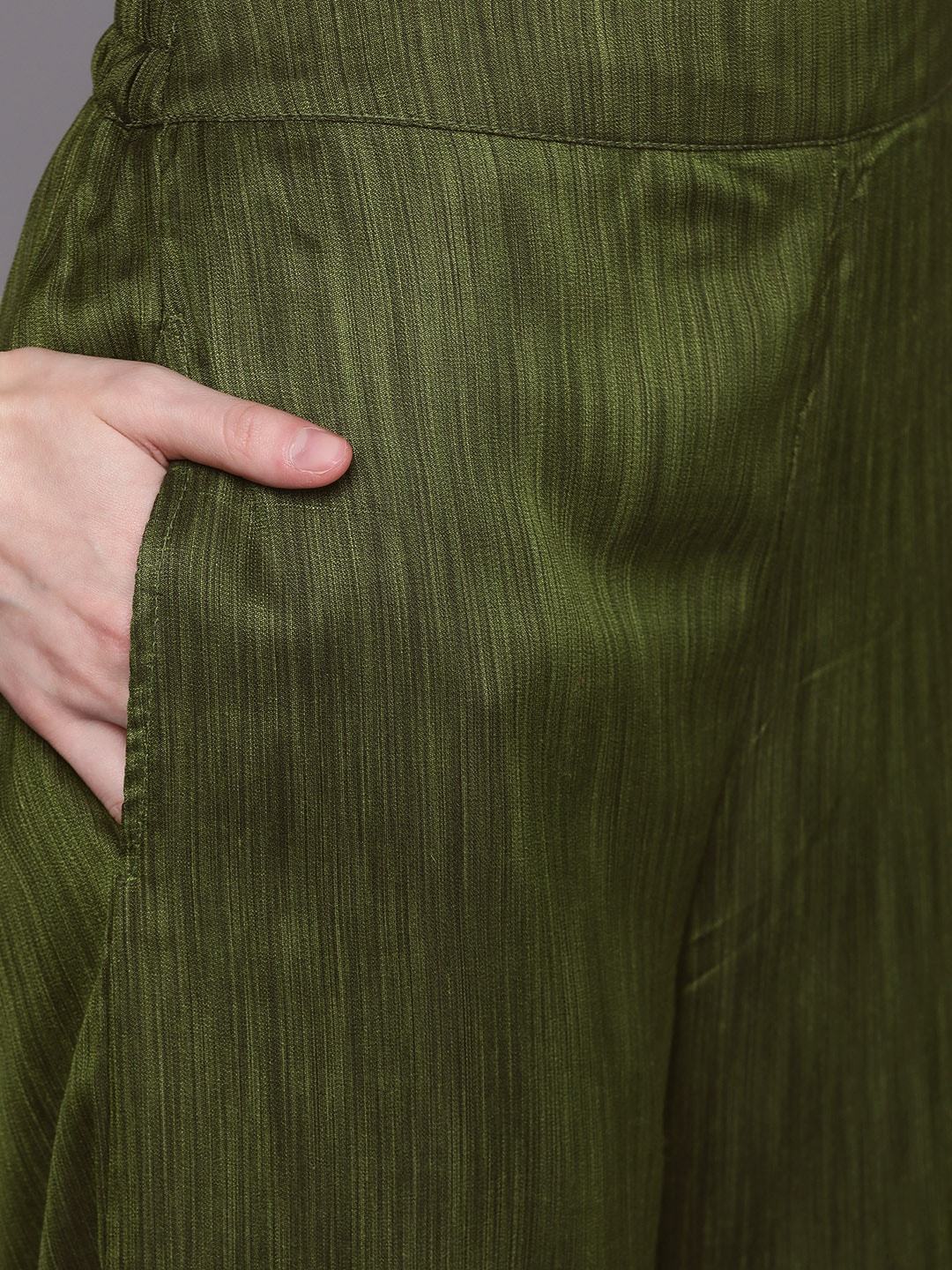 Women's  Olive Green & Golden Self Design Kurta with Palazzos With Belt - AKS