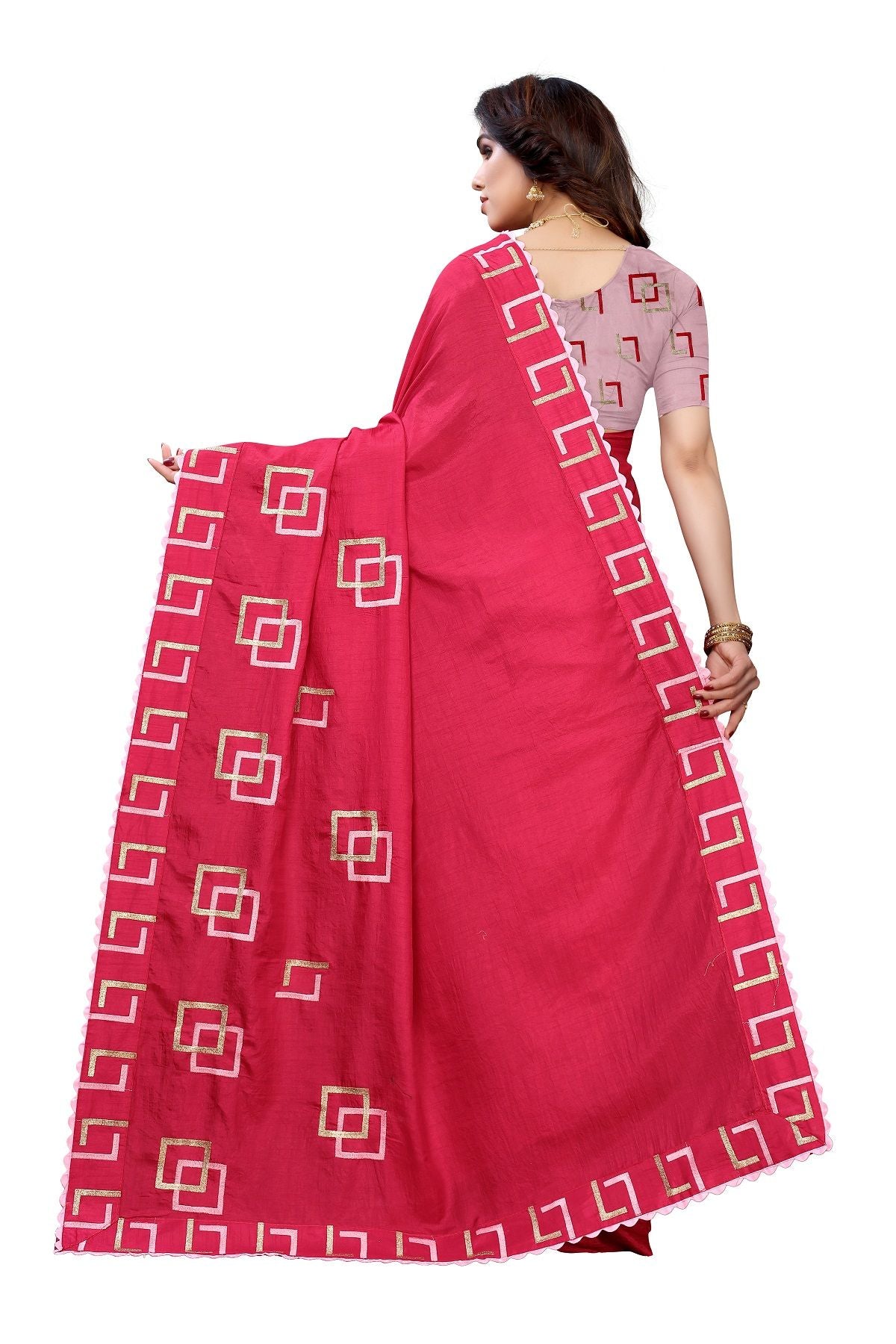 Women's Red Dola Silk Embroidery Saree With Blouse Piece - Vamika