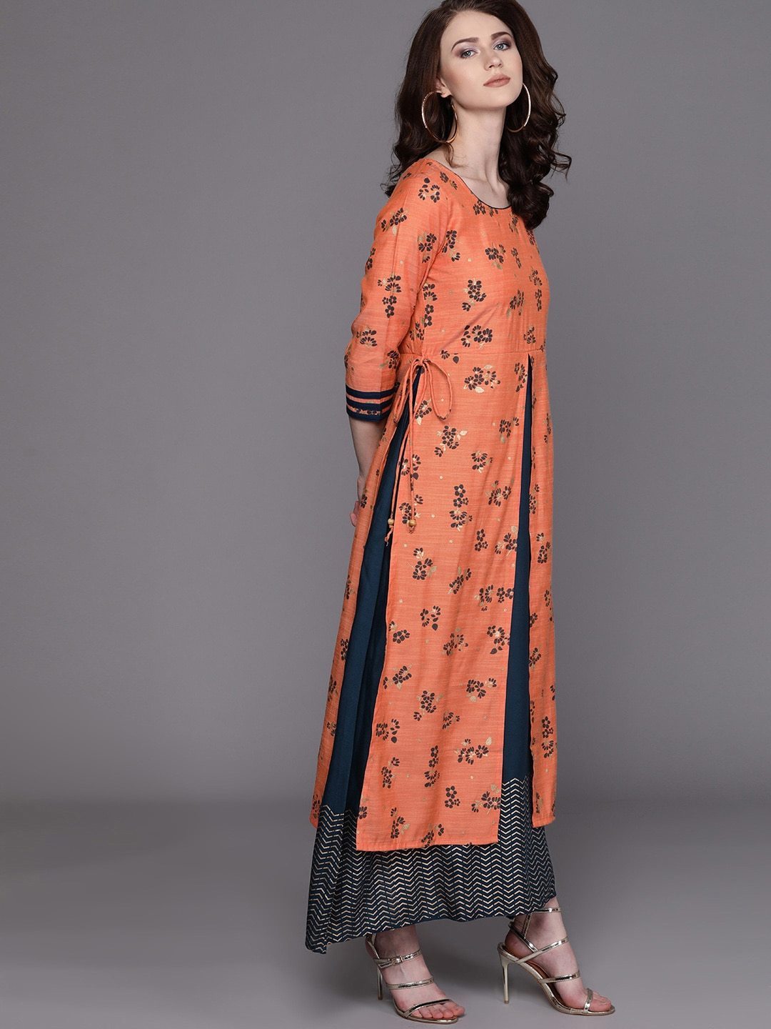 Women's  Orange & Teal Blue Floral Print Layered Maxi Dress - AKS