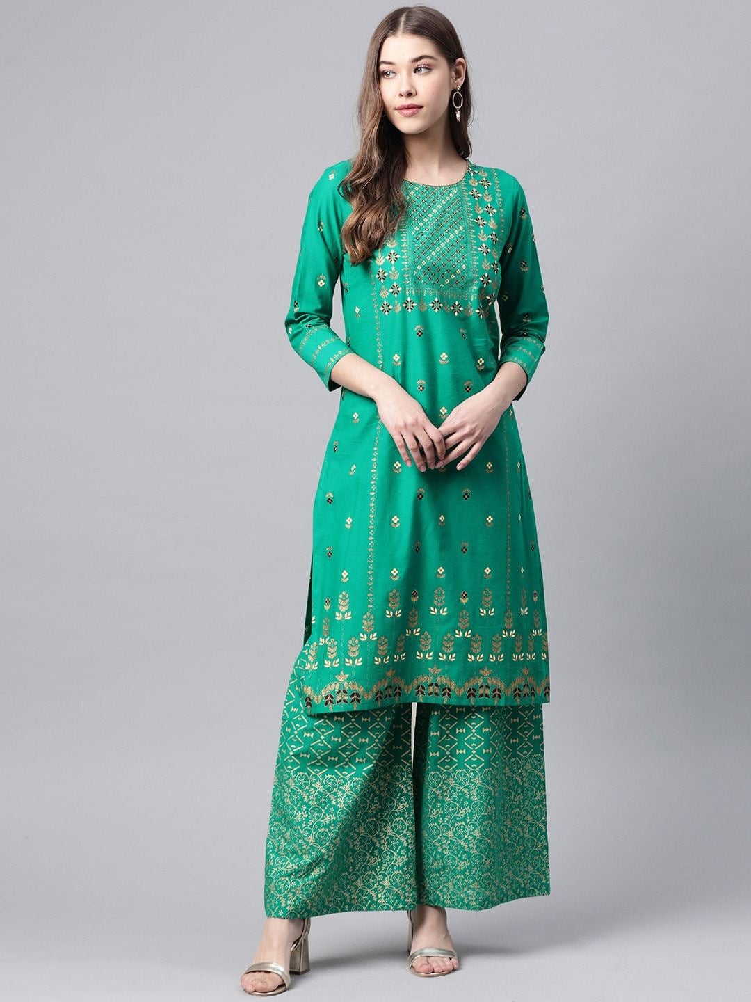 Women's Green & Golden Printed Pure Cotton Kurta with Palazzos - Meeranshi