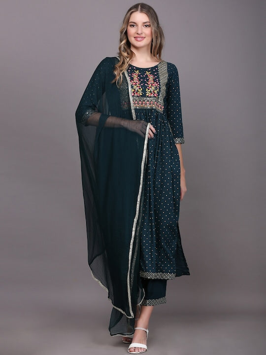 Women's Blue Ethnic Motifs Embroidered Pleated Kurta With Trousers & With Dupatta