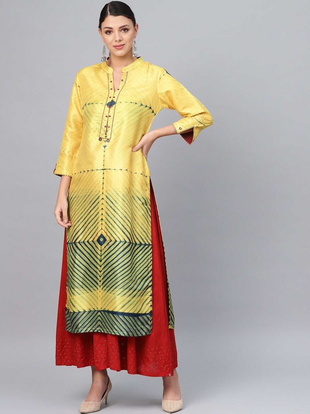 Women's Yellow & Green Dyed Effect Silk Straight Kurta - Meeranshi