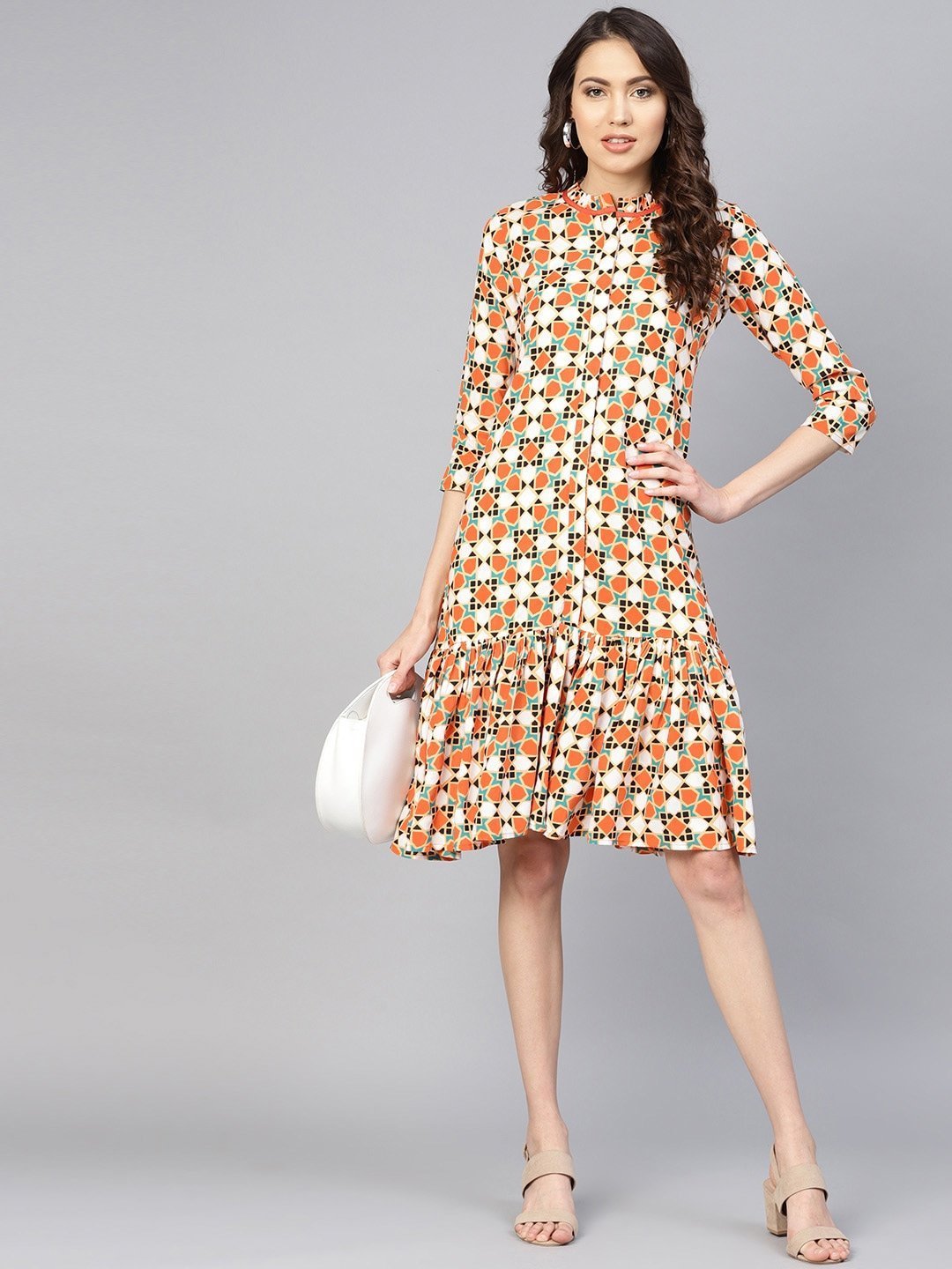 Women's Orange & White Printed Dress - Yufta