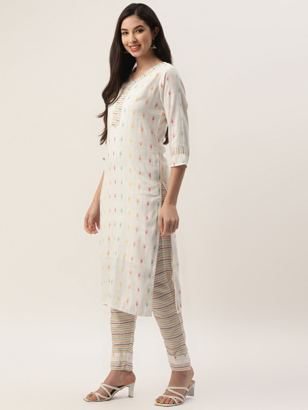 Women's White Cotton Blend Self Design Straight Kurta Trouser Set With Dupatta - VAABA