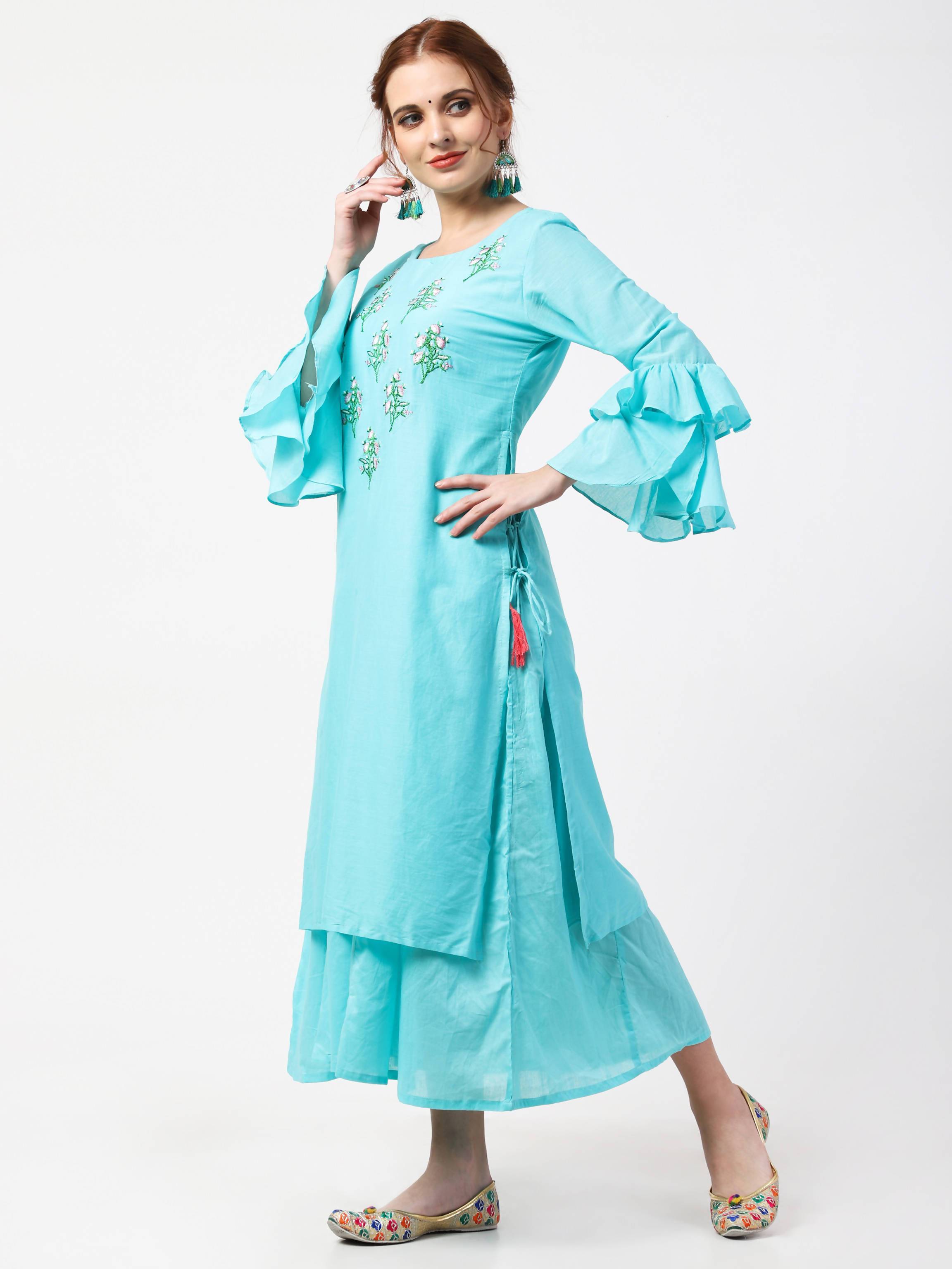 Women's Cotton Turquoise Double Layer Flair Anarkali Kurta Only - Cheera