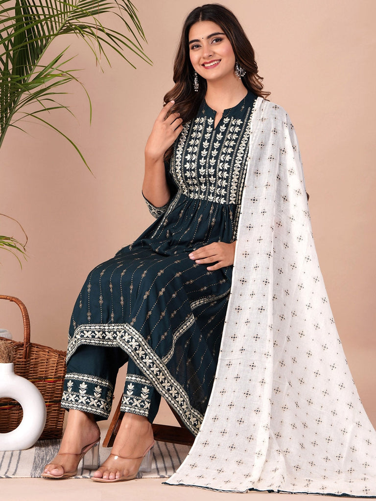 Women's Floral Printed Empire Thread Work Kurta With Palazzos & Dupatta