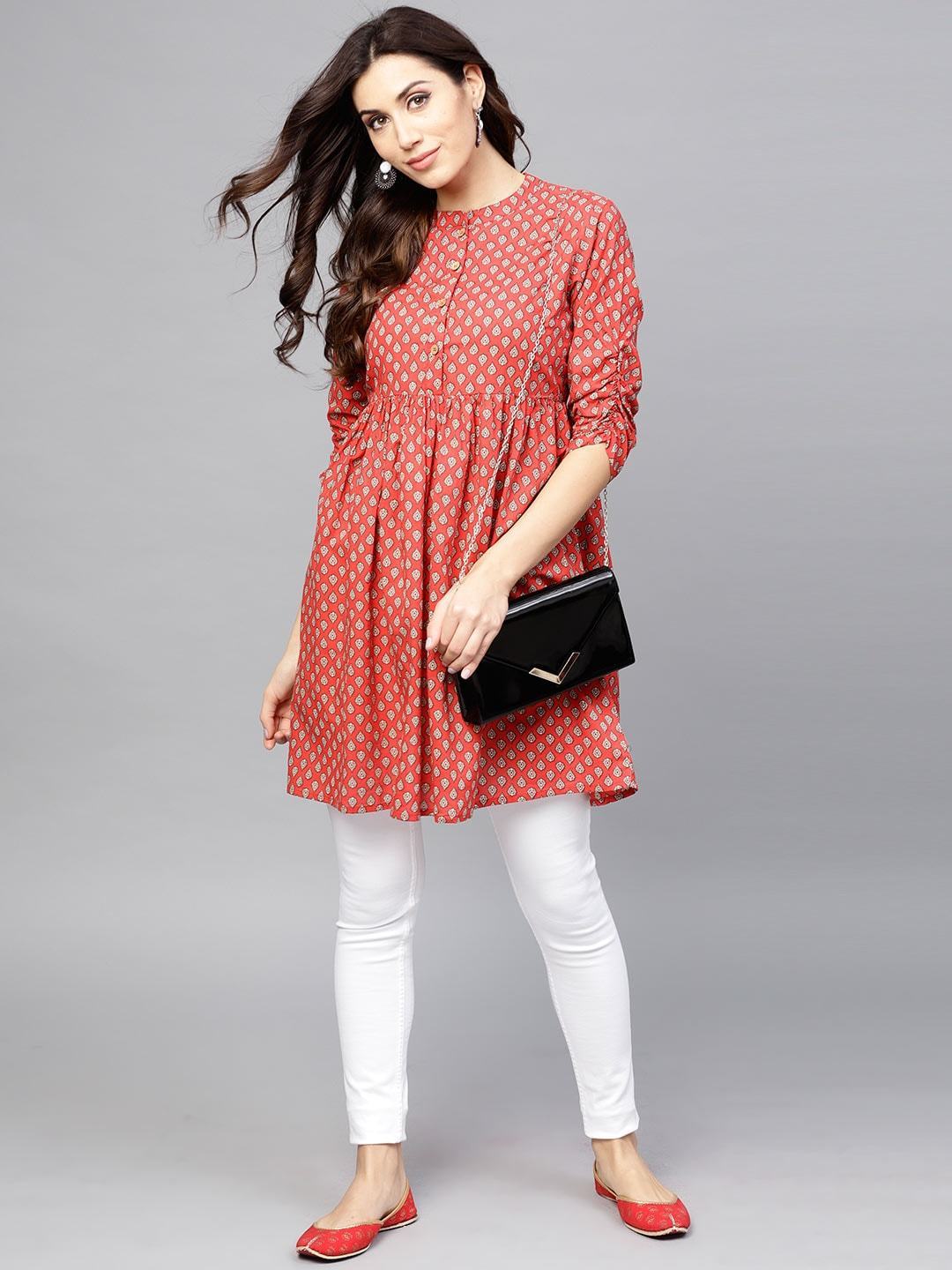 Women's Red & Off-White Printed Tunic - AKS