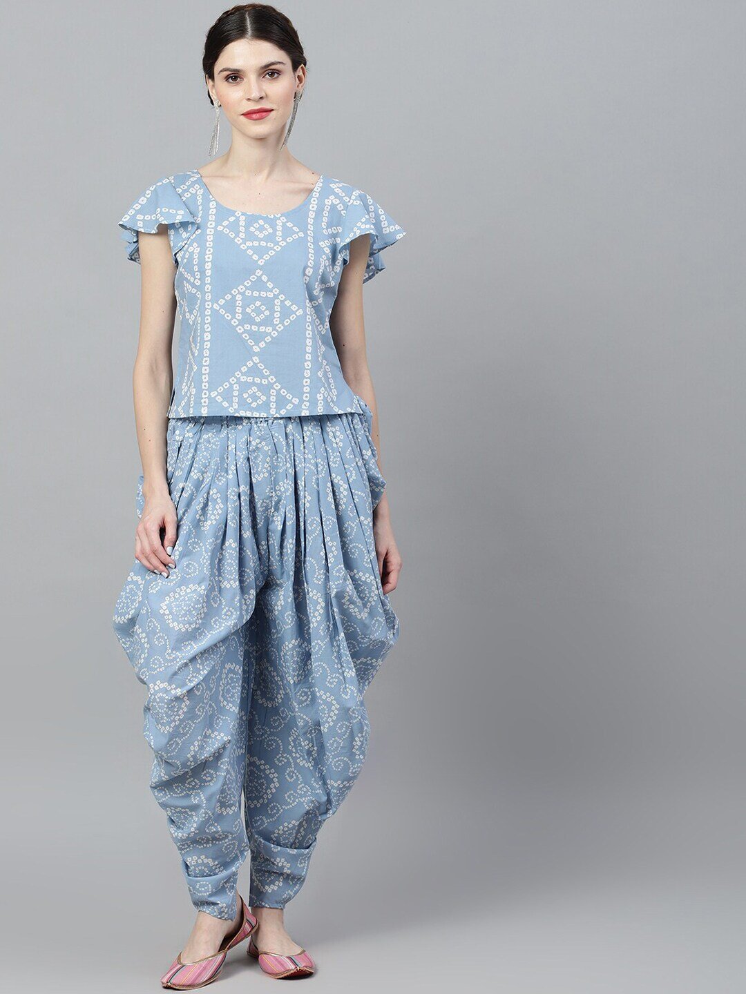 Women's Blue & White Printed Top With Dhoti Pant - AKS